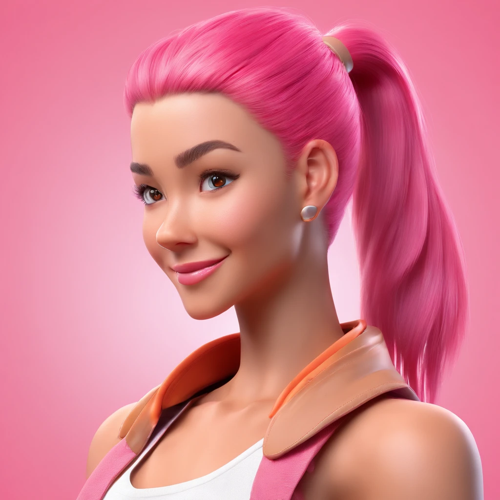 pink ponytail girl, (tan), (abs), grin