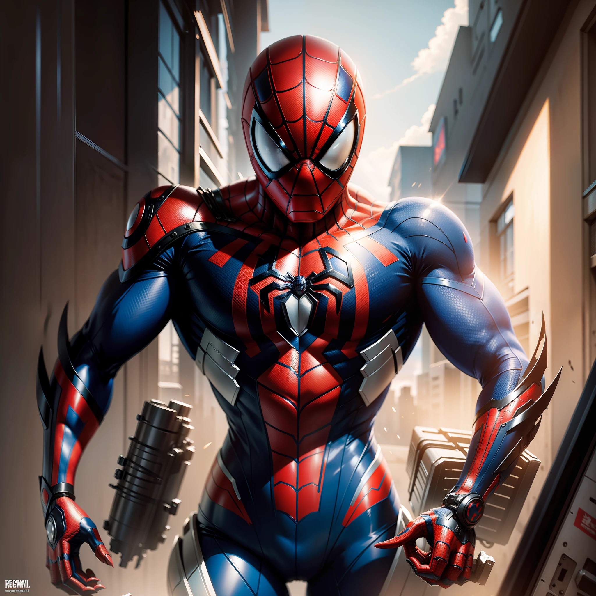 30-year-old man, is spiderman 2099, Marvel comics, Biceps and triceps defined, big pectoral, strong feathers, strong deltoid, defined abdomen,strong forearm, thick neck aesthetic, in the style of realistic renderings, spider-man 2099, 8k, black color costume, epic, dramatic, fantastic, full body view, intrigued design and details, dramatic lighting, hyper-realism, realistic photo, cinematic, 8k, detailed face, dramatic photo, epic photo. --auto --s2