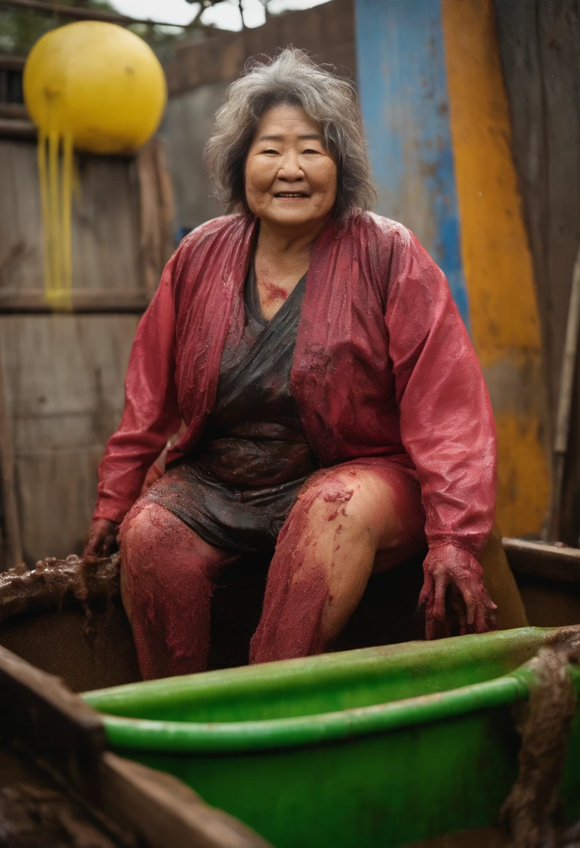 older japanese woman, chubby, mature, in gunge tank, gunged, muddy, hamasho クイズ, gameshow, messy, messy face, high detail, full body shot