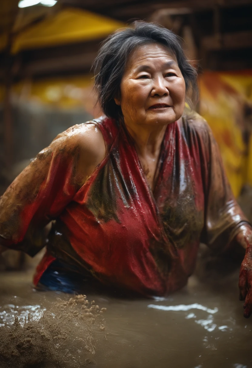 older japanese woman, chubby, mature, in gunge tank, gunged, muddy, hamasho クイズ, gameshow, messy, messy face, high detail, full body shot