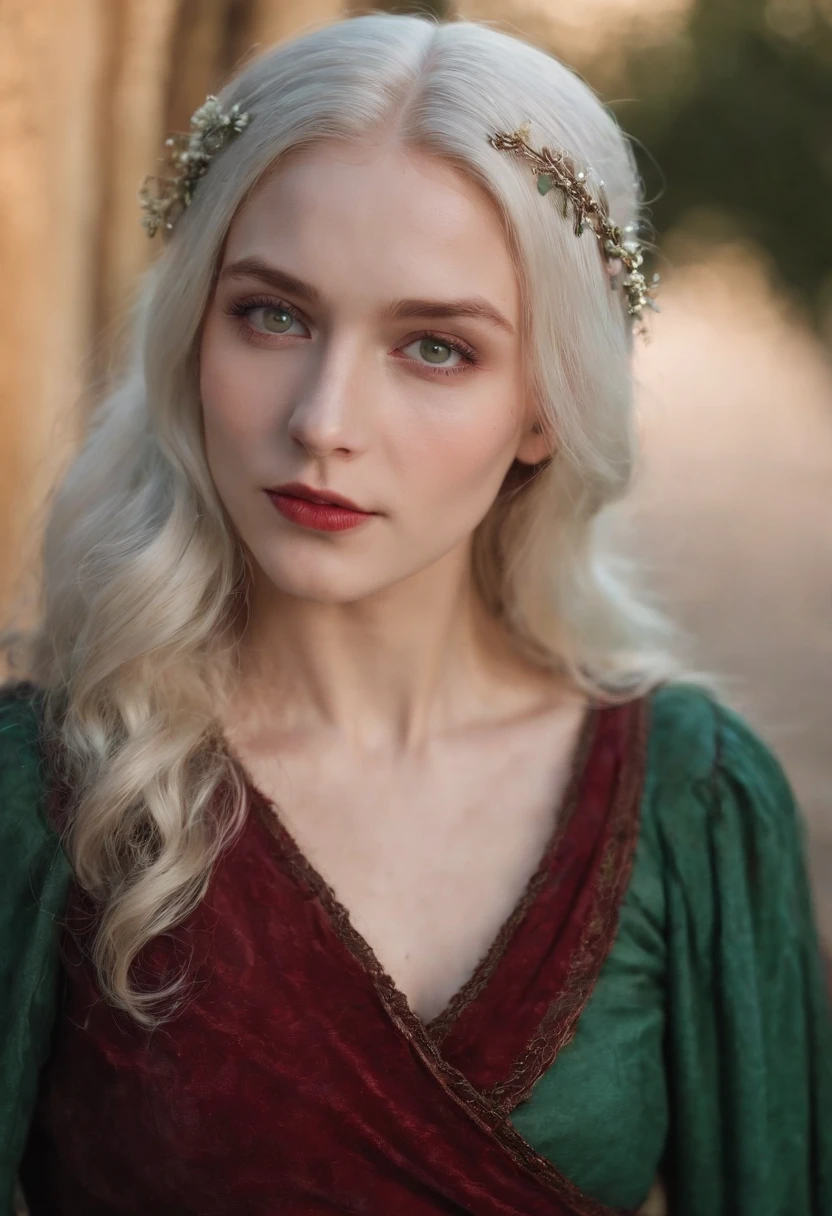 (((a deep reddish wound crosses her left cheek))) fair complexion, man around 19 years old, natural white hair, distinctive green eyes, wearing kohl, slender and graceful, beautiful, candlelight in a medieval setting, ultra sharp focus, realistic shot, medieval female clothes, tetradic colors (scar:1.4)