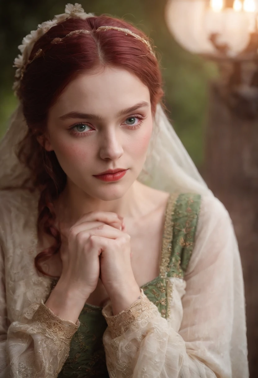 (((a deep reddish wound crosses her left cheek))) fair complexion, man around 19 years old, natural white hair, distinctive green eyes, wearing kohl, slender and graceful, beautiful, candlelight in a medieval setting, ultra sharp focus, realistic shot, medieval female clothes, tetradic colors (scar:1.4)