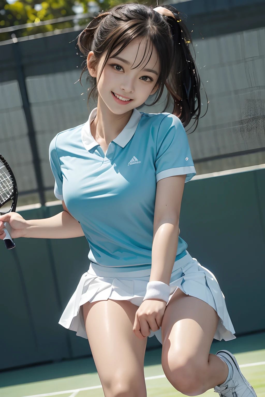 Pubic hair grows、Smile full of happiness、((:1.3))、nearly naked、、Panting face、Lacking、After being attacked、Sweating、Expression in a state of excitement、short-hair、eye glass、1girll，Tennis player，face perfect，crisp breasts, Convex buttocks,White Sport Short Sleeve，Short white pleated skirt，White sport socks，White Tennis Shoes，Wet hair，High Ponytail，a wet body，Shake the paddle，Tennis Court，Sunnyday，Clouds， Detailed background, Clothing Details, Perfectly proportioned, film grains, Fuji colors, lightand shade contrast, tmasterpiece, high detal, high quarity, hight resolution, Cinematic lighting, 8K, Textured skin, Super Detail