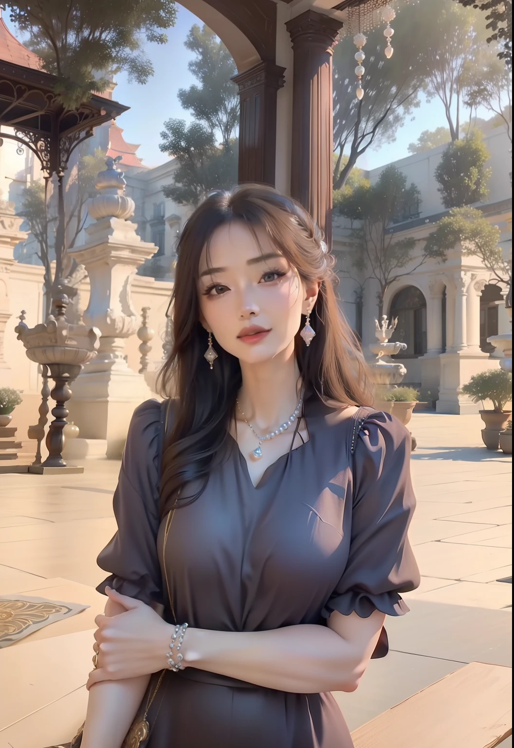 (best quality,4k,8k,highres,masterpiece:1.2),ultra-detailed,(realistic,photorealistic,photo-realistic:1.37),elegant lady,beautiful detailed eyes,beautiful detailed lips,extremely detailed eyes and face,longeyelashes,beautiful complexion,graceful pose,flowing gown,golden jewelry,sparkling necklace,pearl earrings,diamond bracelet,soft,smooth skin,fine lines and wrinkles of ageless beauty,subtle makeup,vivid colors,pastel tones,soft lighting,airy atmosphere,majestic background,ornate furniture,classical paintings on the wall,impeccable taste,sophistication,dignity