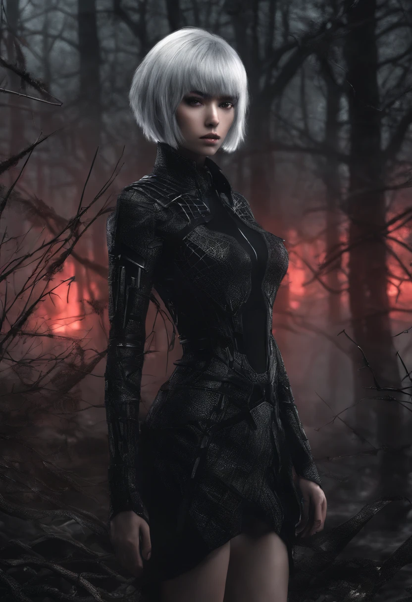 ((black armored dress, navel, thighs, abs)), ((silver short hair:1.4, short bangs)), Japanese lady at night, (red eyes, Fairer skin, skinny body), looking away, (foggy forest at night, large spider, large spiderweb), cinematic dark lighting