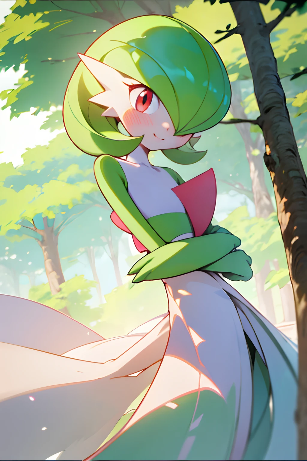 gardevoir (pokemon), green colored hair, red colored eyes, vivid eyes, white colored skin, detailed eyes, detailed skin, particles on the air, nature location, happy smile, small blush on cheek, medium body, small chest, small thighs, soft red light on her face, legendary light, strong wind, 1 girl, anime art style, pokemon games art style, nature background, wind blowing in the trees, sharp focus, pastel colors