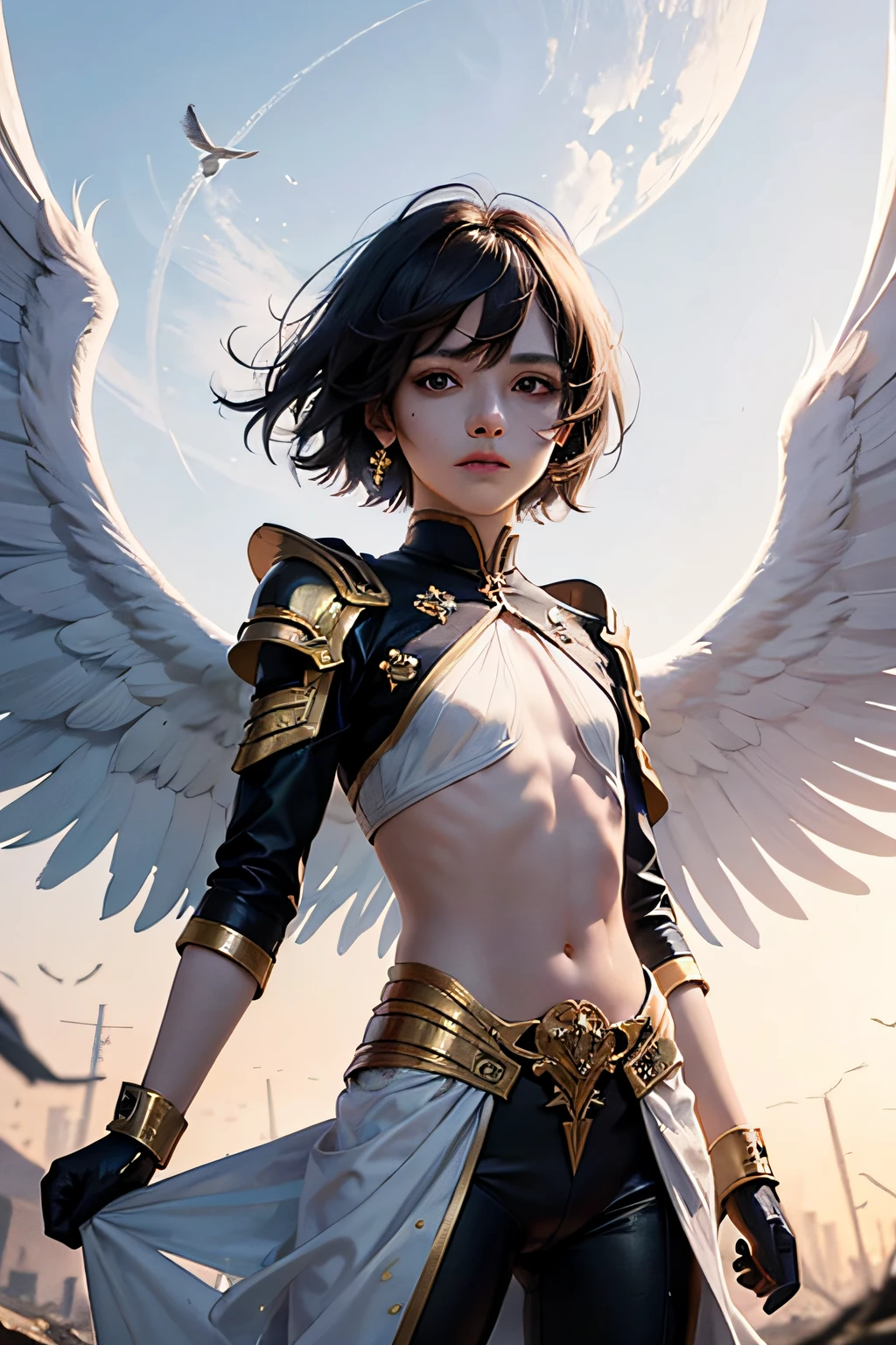 Unity 8k wall paper. Ultra Detail, Beautiful aesthetic, Masterpiece, 1boy, Black hair, ((Flat chest1.1)), Cute, Wings, Ultra high definition quality, Amazingly majestic high quality pink outfit, Femboy, Magic, Feathers in hair, Majestic, Noticeable bulge, Spellweaving, Spellweaver, Soft face, Soft features, Youngish appearance, Short hair, Mid part, Boy, Fighting, Wings, Angelic, Feminine, Angel, Anime, Very cute, Commander, Aesthetic, Feminine boy, Spell caster, Magical