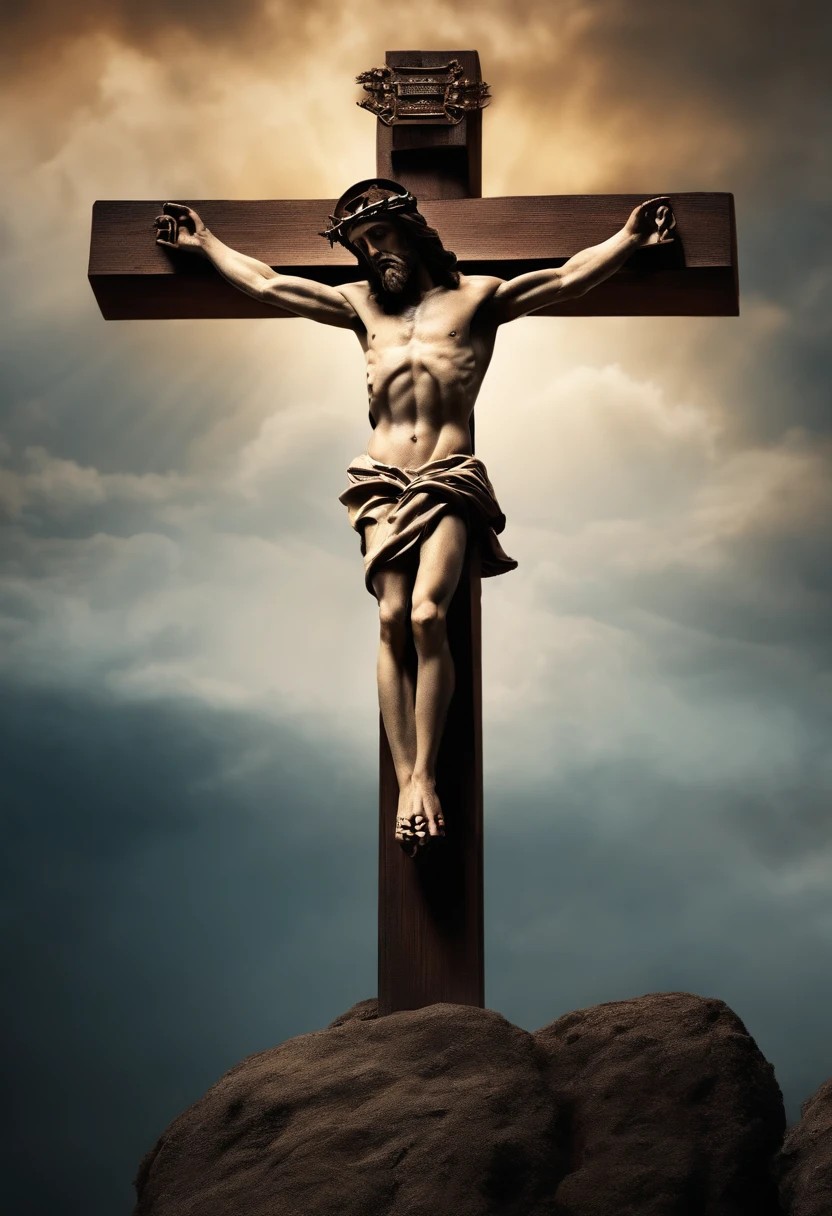 Jesus Cristo crucificado com olhar de sofrimento, imagem realista em 4k