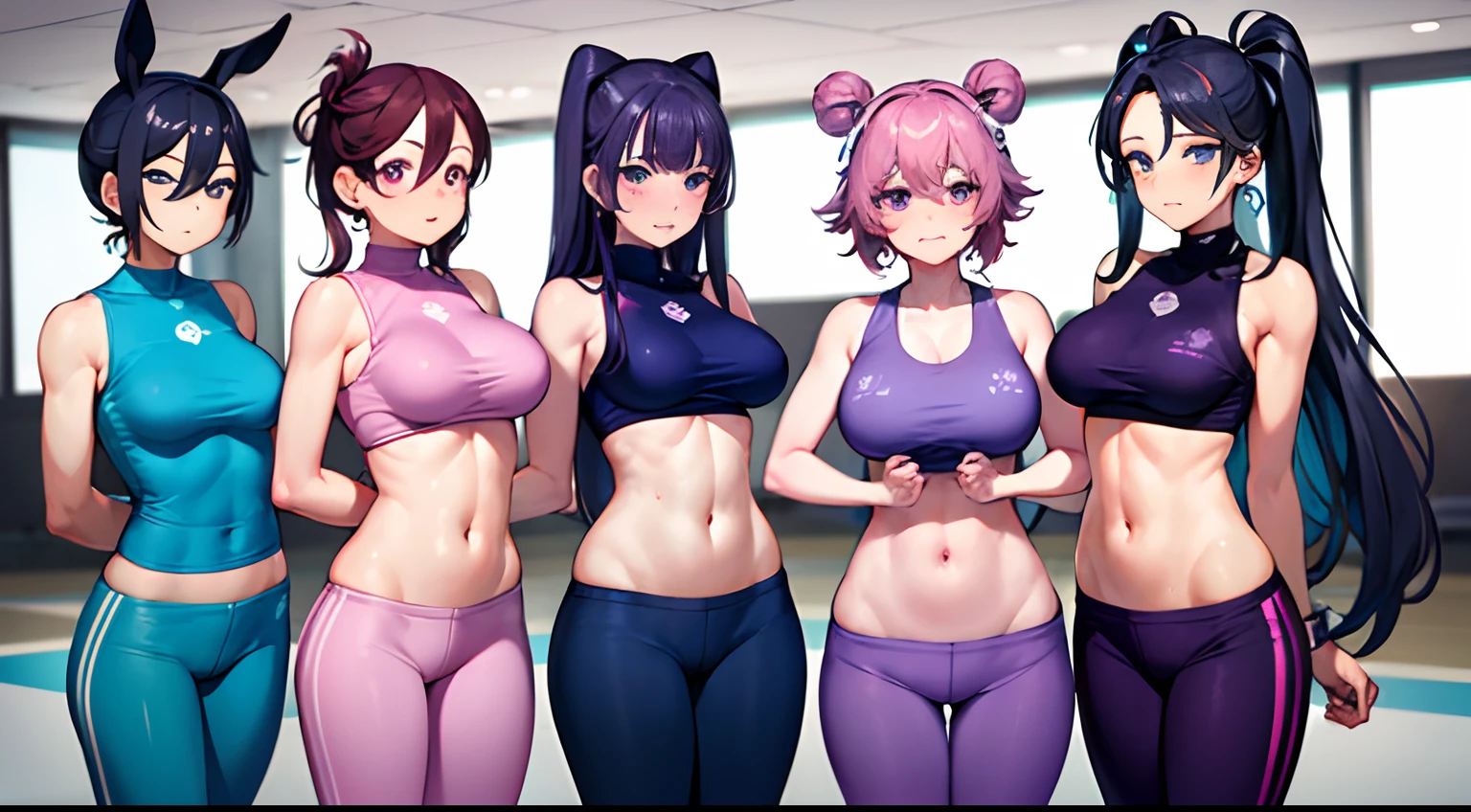 fitness gym、full of sweat、Light Blue Fitness Wear Use English characters、Floral pattern Pink leggings、White running shoes、Navel Ejection、 purpleish color Wavy Hair、wrist watch、Colossal tits、Lined up in a horizontal row Four Women、Sphere Earrings、winking、Looking at the camera is standing、Armpit