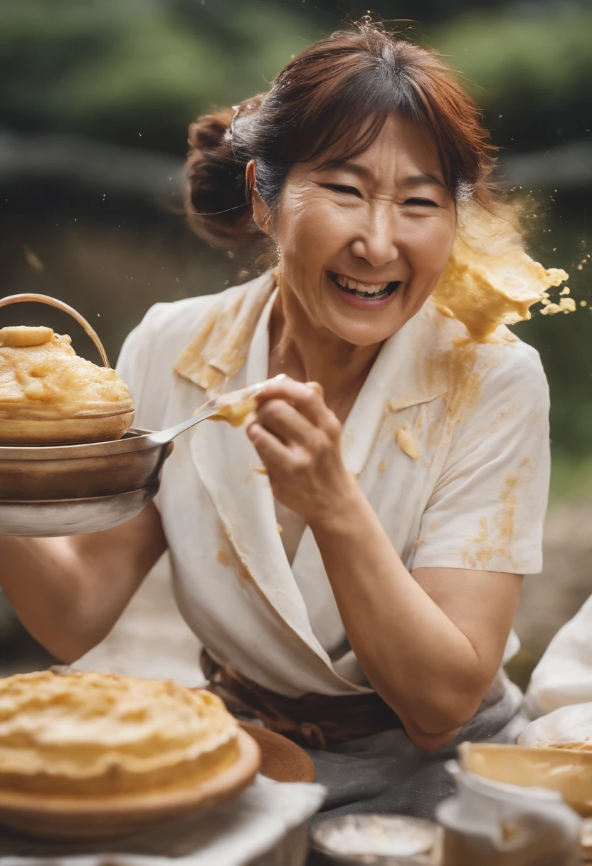 middle-aged Japanese women, mature, slightly chubby, having custard pie fight, having cream pie fight, messy
