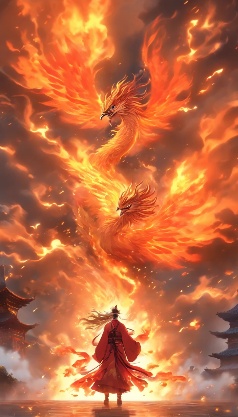 China-style，中景 the scene is，The Taoist priest stood in front of the huge firebird with spread wings，massive wings，Stretch your hands，Long messy hair，Glow effects，Hyper-realistic，Ultra photo realsisim，Chinese ink style，firey，rot，Smudge，Clouds，8K，super-fine，high qulity，（（（OC renderer）））