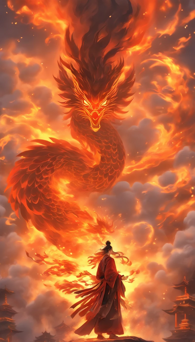 China-style，中景 the scene is，The Taoist priest stood in front of the huge firebird with spread wings，massive wings，Stretch your hands，Long messy hair，Glow effects，Hyper-realistic，Ultra photo realsisim，Chinese ink style，firey，rot，Smudge，Clouds，8K，super-fine，high qulity，（（（OC renderer）））