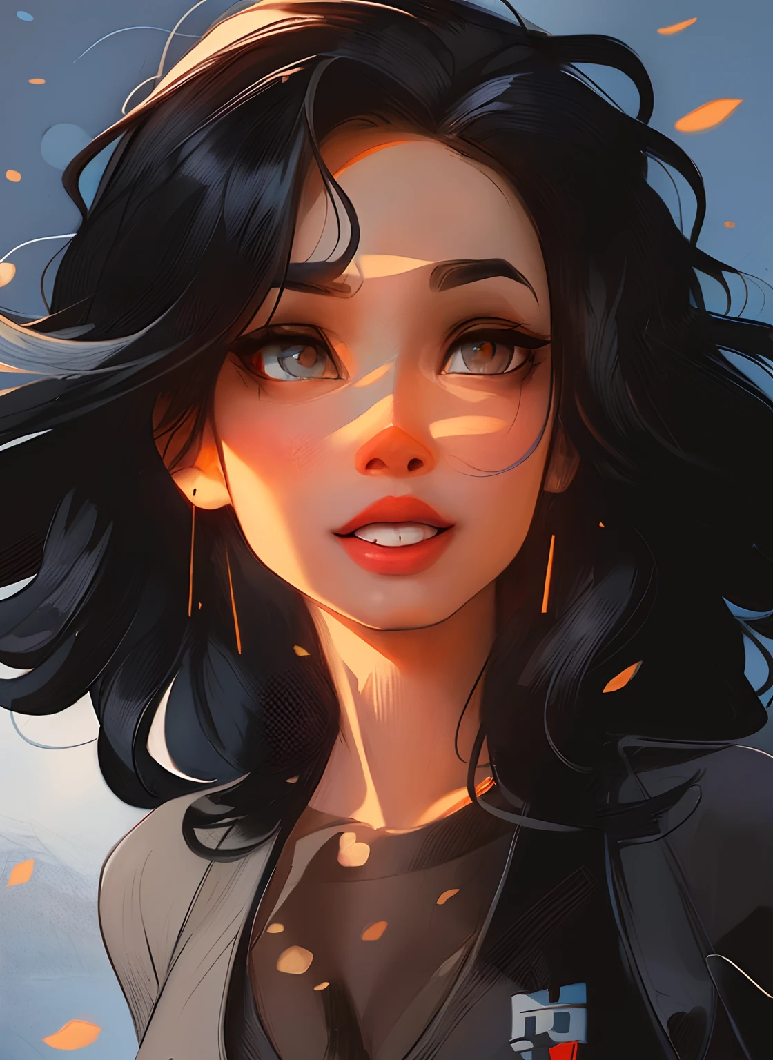 dos desenhos animados com cabelo preto e olhos azuis e um top preto, RossDraw Retrato, baixo detalhamento. pintura digital, Rossdraw 1. 0, pintura digital dos desenhos animados, Digital anime illustration, Epic portrait illustration, Retrato Lofi, Artgerm e Atey Ghailan, digital illustration portrait, in illustration style digital, retrato estilizado, retrato digital, arte de pintura digital dos desenhos animados