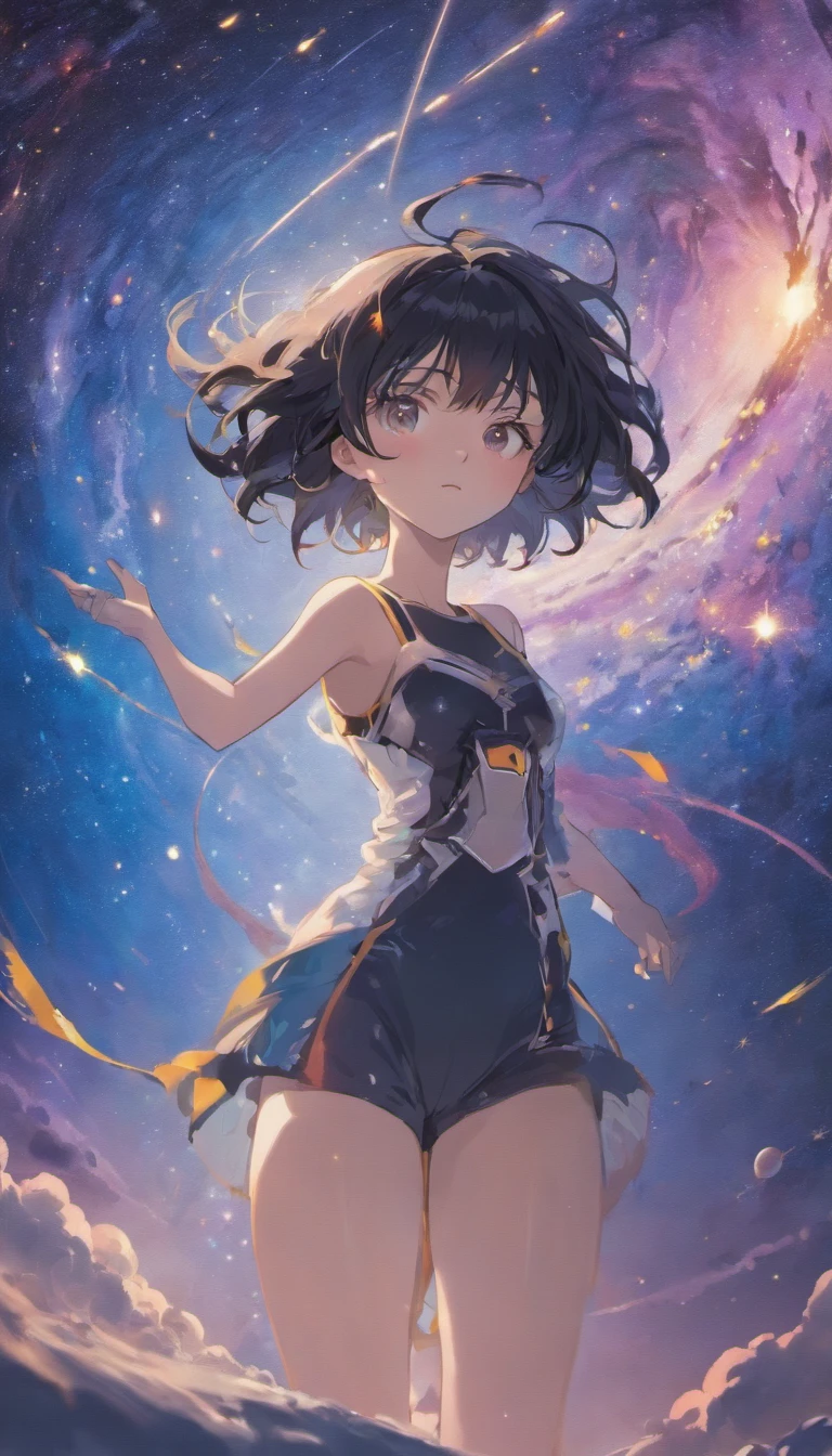 , Portrait of a young woman with black hair in zero gravity, Set against the backdrop of the Milky Way and supermassive black holes, god light, Sparkle, Glowing light，Large breasts，cleavage