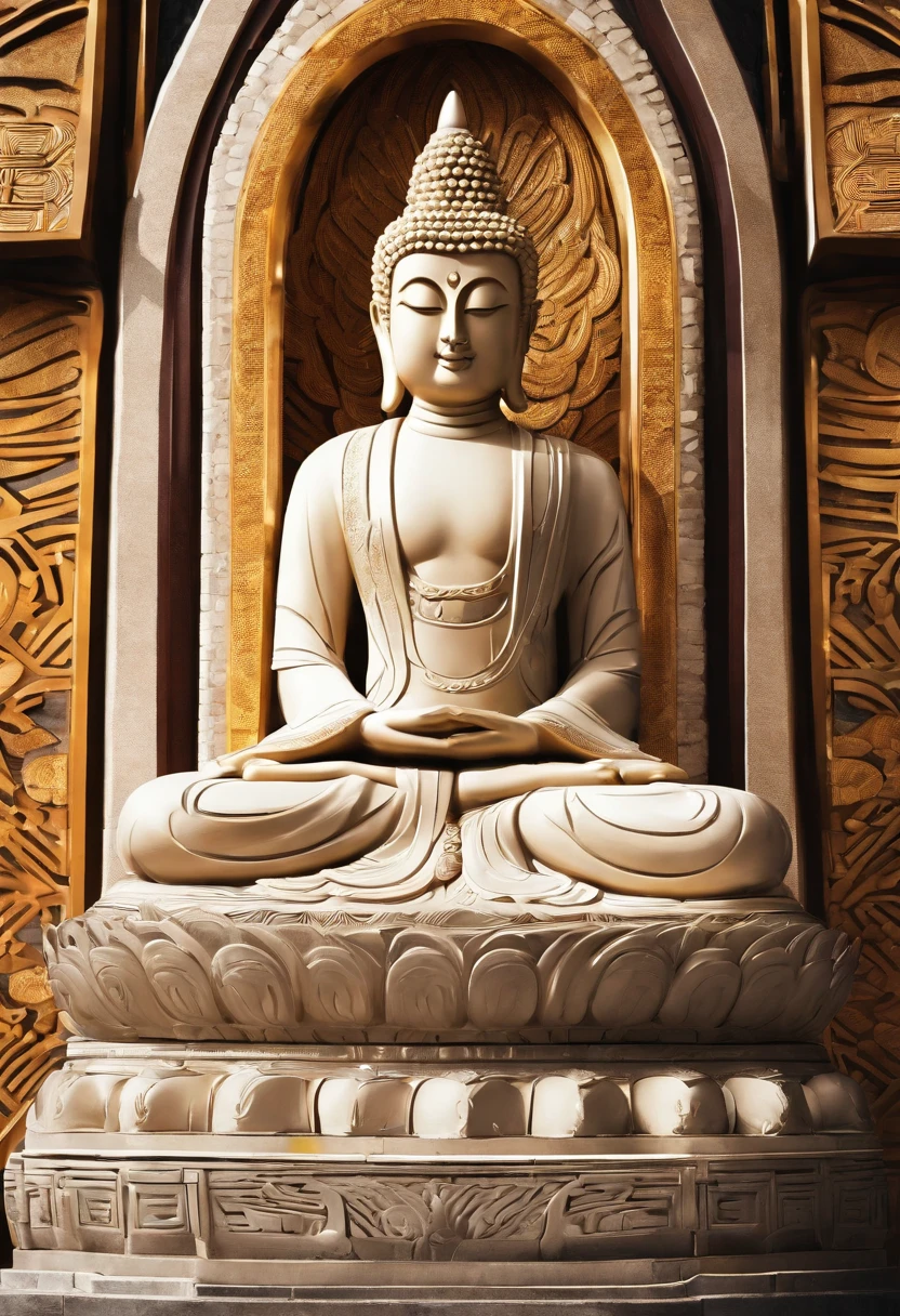 Avalokitesvara sits cross-legged in a Buddhist temple at dusk. The setting sun directly shines on the Guanyin inside the house, There is a wall behind it, and there are some Buddhist classics on the wall. transparent glass wall at the front, There is a large window, and you can see the distant mountains, green trees, pink cherry blossoms, and some monks in robes walking on the lakeside path with lotus flowers on the lake,