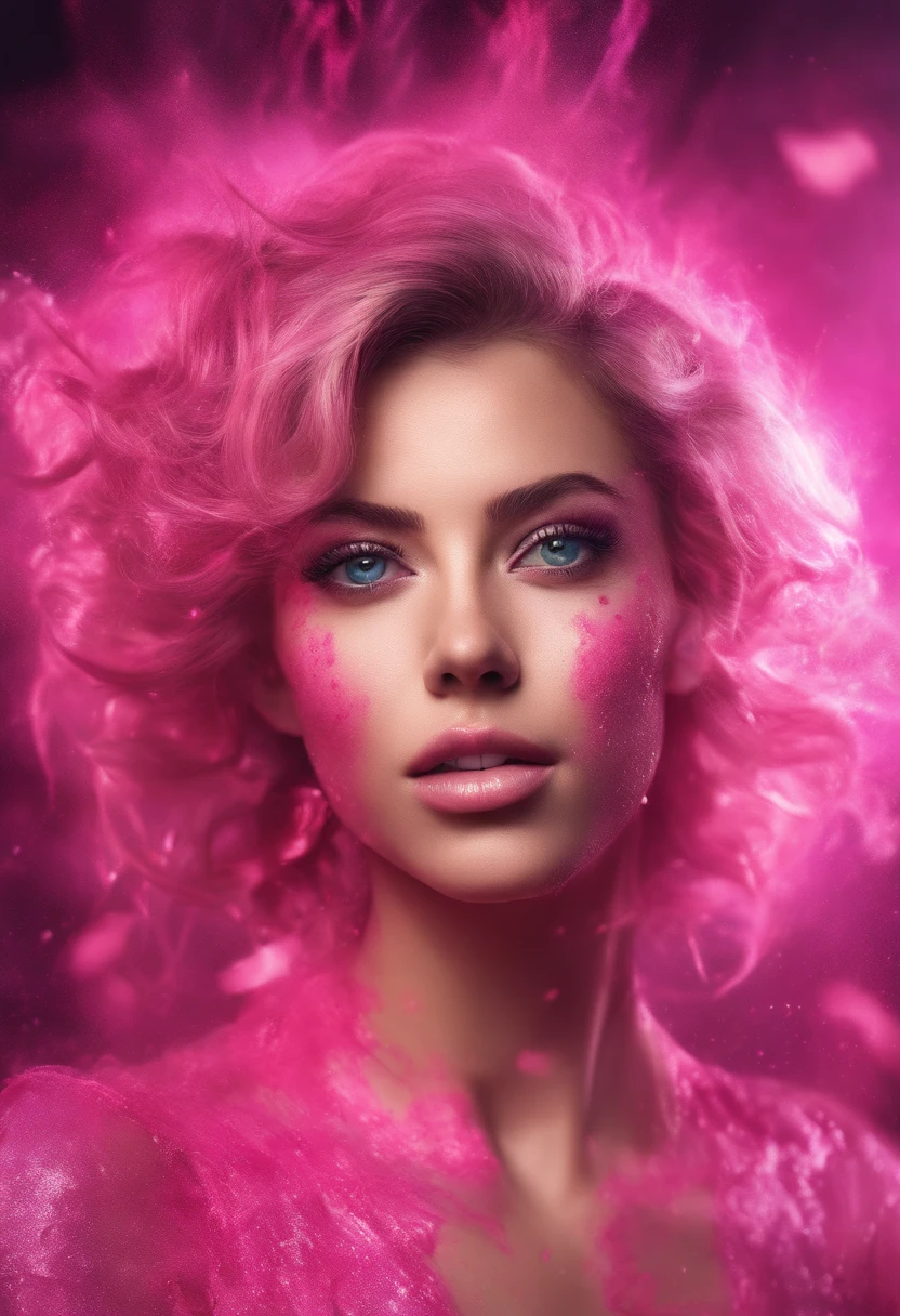 a major pink effect portrait of a woman, beautiful pink splash, dynamic effects, absurdness, colorful sparks of love, romantic splash and sensual vibe, beautiful lady abstract artwork, amazing lighting and pink watery effects, the theme signifies sexual gratification