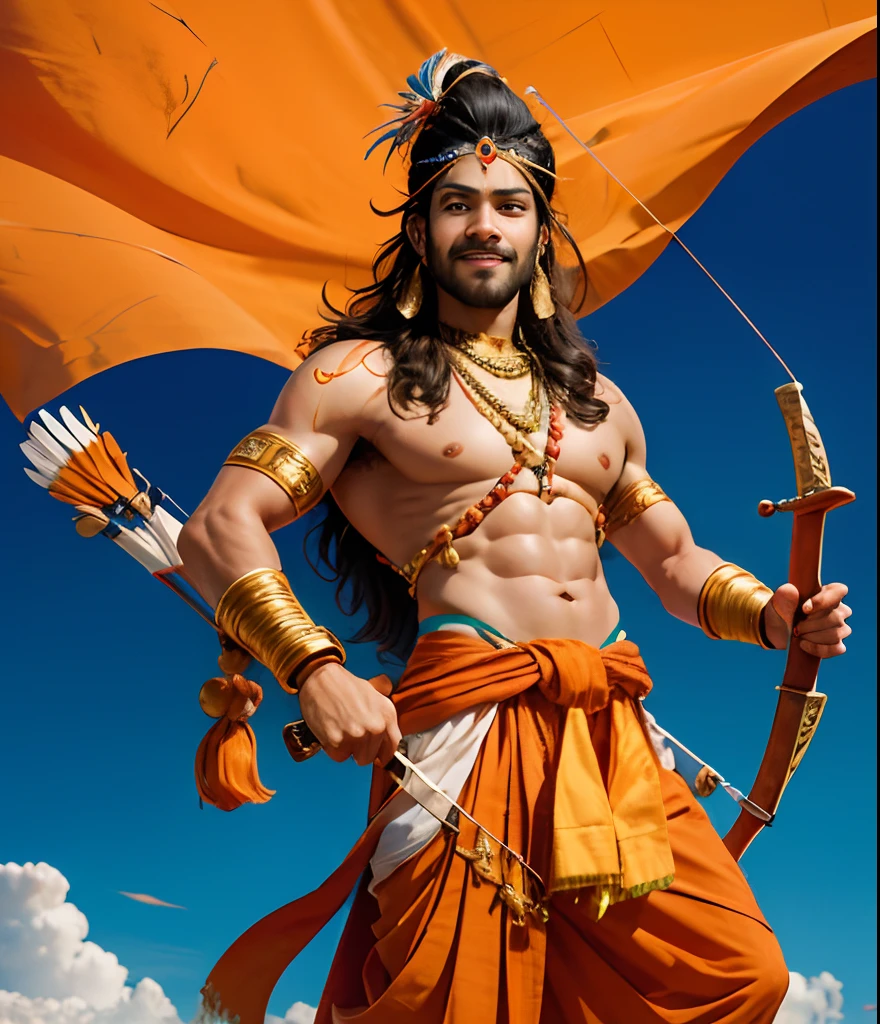 Lord shri ram, a young hindu Indian wearing orange dhoti, long hair, smile on face, having bow and arrow, very realistic and handsome, near the golden fort, muscular body, tilak on forehead, clean shaved,