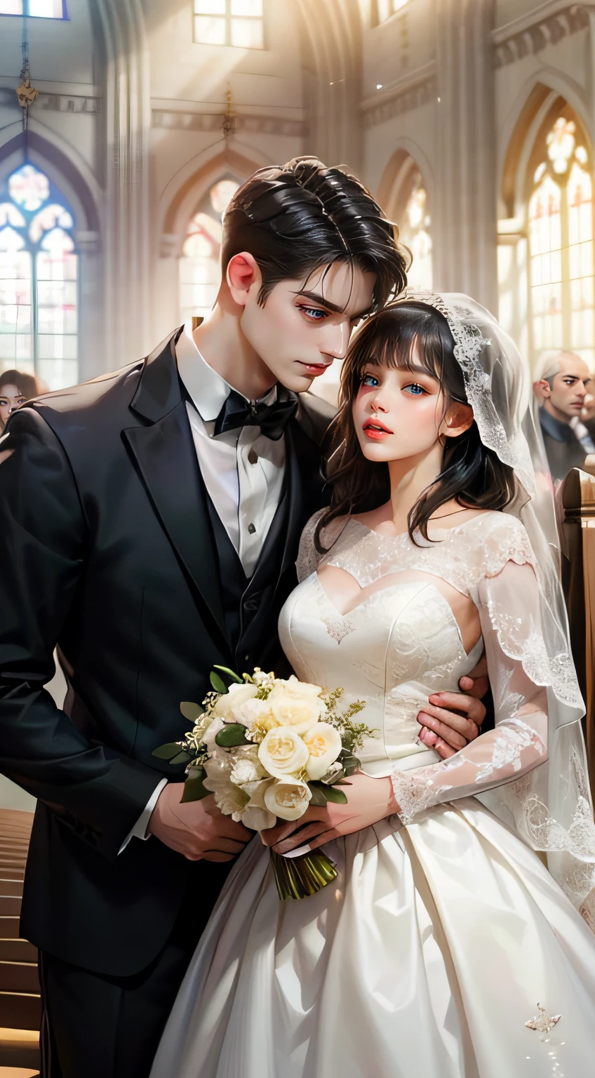 ((Best quality)), ((masterpiece)), (detailed:1.4), male and female couple, 3D, an image of a sweet young couple wearing full covered wedding outfits, man wearing tuxedo ((dynamic expressions)) HDR (High Dynamic Range),Ray Tracing,NVIDIA RTX,Super-Resolution,Unreal 5,Subsurface scattering,PBR Texturing,Post-processing,Anisotropic Filtering,Depth-of-field,Maximum clarity and sharpness,Multi-layered textures,Albedo and Specular maps,Surface shading,Accurate simulation of light-material interaction,Perfect proportions,Octane Render,Two-tone lighting,Wide aperture,Low ISO,White balance,Rule of thirds,8K RAW,