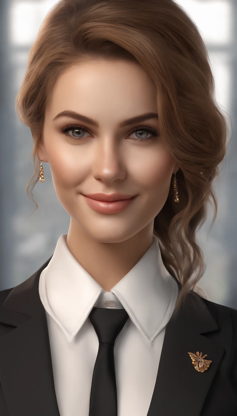 masterpiece, Best Quality, photorealistic, ultra-detailed, finely detail, high resolution, 8K wallpaper, 1 beautiful woman, teacher, light-brown messy hair, in black business suit, white collared shirt, earrings, necklace, large-sized breasts, sharp-focus, perfect dynamic composition, beautiful detailed eyes, detailed hair, detailed realistic skin texture, in front of a blackboard, at school, smiling, close-up portrait