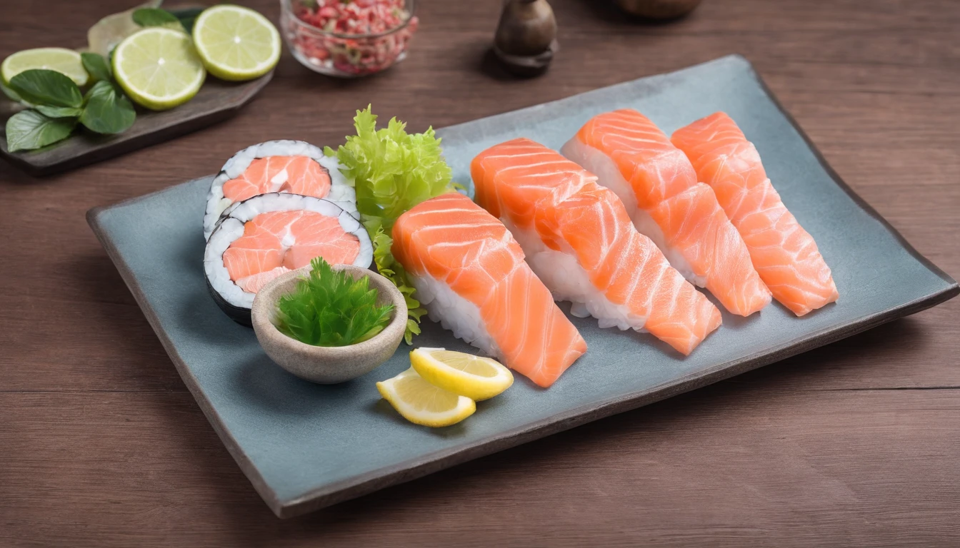 For commercial use，Salmon sashimi platter，Ultra photo realsisim，Have an appetite