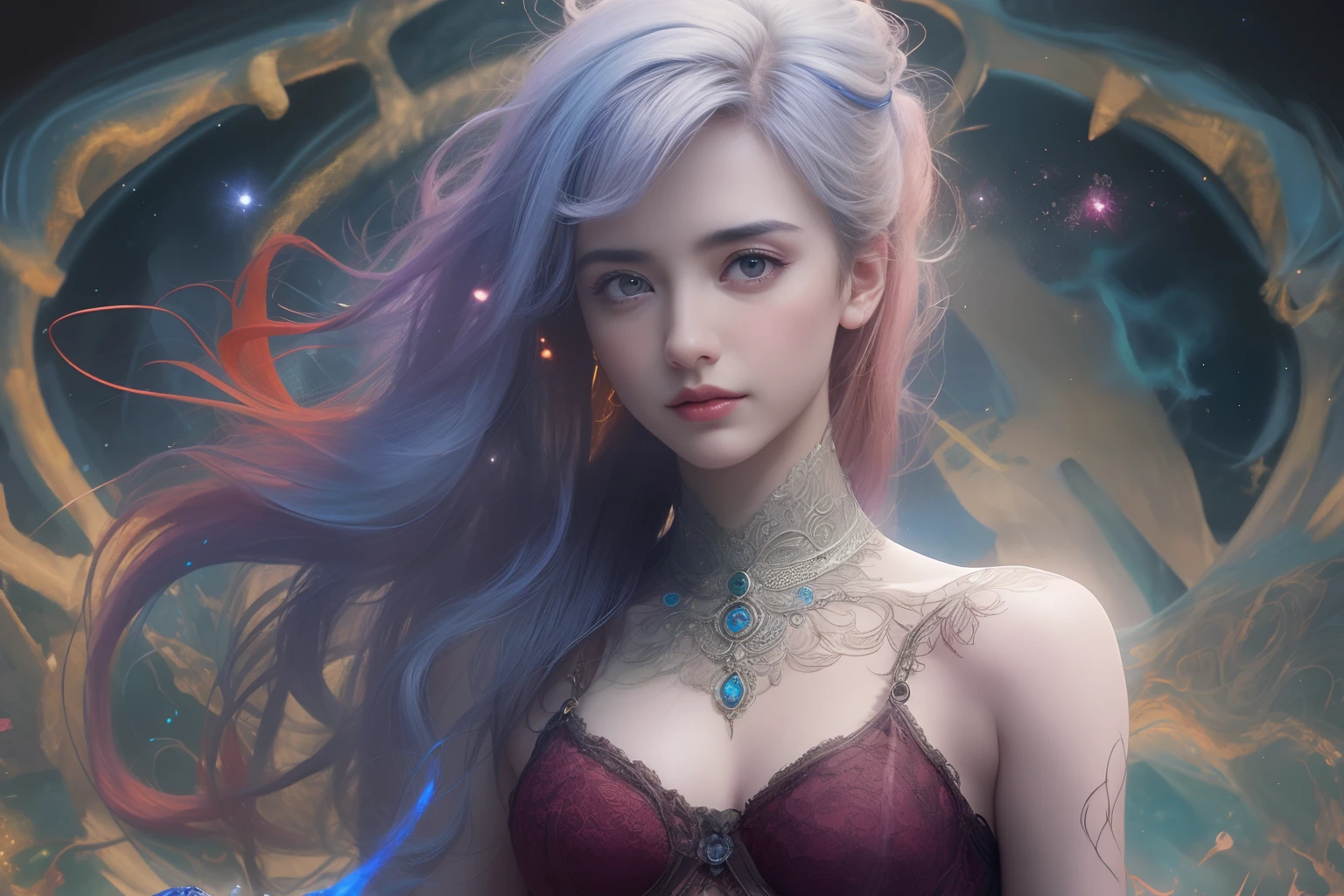From Side, Photorealistic, Official art, Unity 8k wallpapr, 8K Portrait, Best Quality, Very high resolution, (Incredibly beautiful nature background:1.6), One girl, One beautiful teenage italian girl, sixteen years old, Obscene, (Sexy and glamorous:1.1), (A coquettish expression:1.6), (small breasts with raised pink areolas,,,:1.6), Vulgarity, (seductively smiling:1.2), (full body1.0), (erotic posing:1.5), (Magic Attack Pose:1.6),(magical effects like sparkles or energy:1.5), (Electric shock from hands:1.1), (Detailed blue bodysuit with beautiful fractal or marble design:1.5), (Beautiful and d delicate ruby, topaz, emerald and sapphire jewelry:1.45), Beautiful seductive face, Portrait, (Thick eyebrows:1.2), (Big purple eyes:1.2), Beautiful eyes with fine symmetry, (Ultra detailed eyes:1.4), (High resolution eyes:1.1), Intimate face, (ultra detailed skin texture:1.4), White skin, pale skin, Perfect Anatomy, Thin, (Beautiful toned body:1.1), Hair Bow, (Moist skin:1.1), full of sweat, No makeup, dark circles, Good anatomy, Focus Face, goodlooking, (Emilia Clark:0.6) (Emma watson:0.3),(Jennifer Connelly:0.4), (sensual face:1.5), Elegant face, Nice, Dolce, Cyberpunk Sci-Fi, (Gauntlets with intricate and beautiful designs:1.2), Blurred background, Blurred foreground, depth of fields, (Motion Blur:1.1), Complex and colorful biomechanical bodysuit, Zentangle, mandalas, Entangled, (Small breasts:1.2), Sheer breast, (Beautiful :1.2), (NSFW:1.2), large hips, drivel, Juice stain, grabbing on breasts