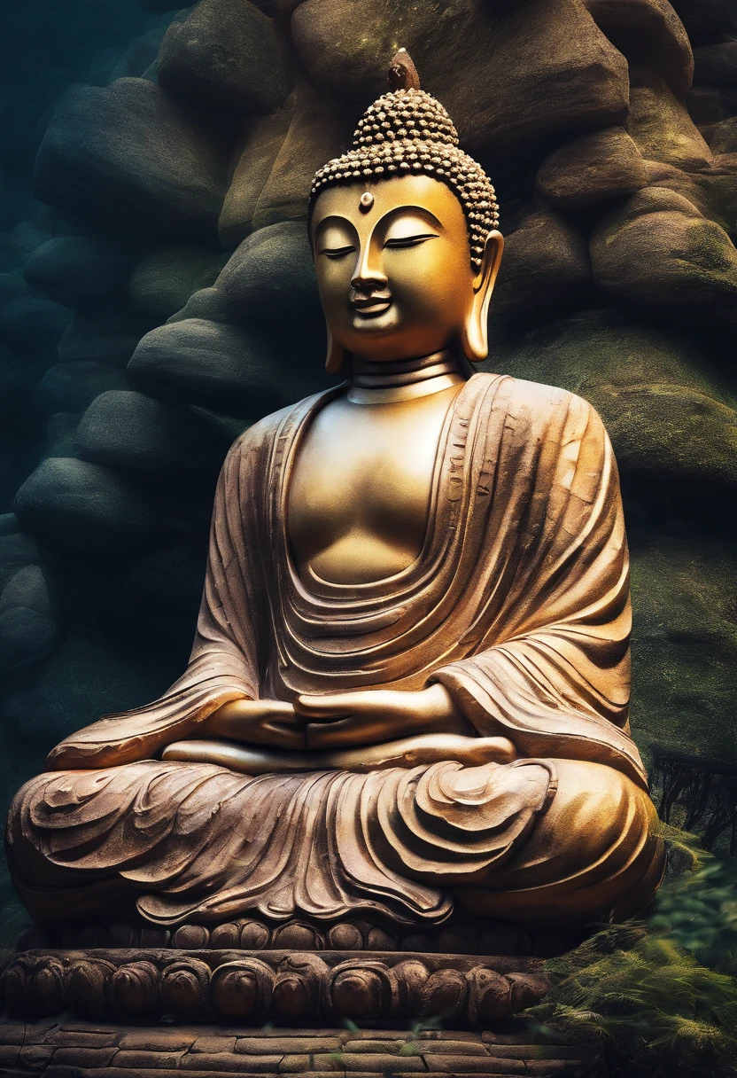 BUDDHA STATUE, stone, Texture, Tall, Majestic, The background is illuminated by sunlight