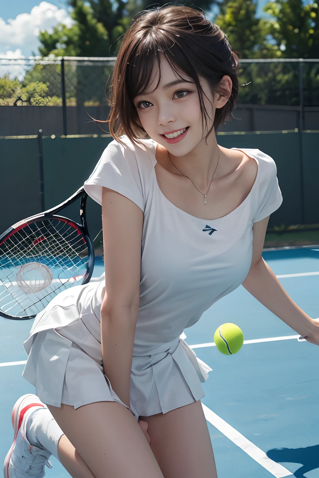 Pubic hair grows、Smile full of happiness、((nearly naked:1.3))、nearly naked、、Panting face、Lacking、After being attacked、Sweating、Expression in a state of excitement、short-hair、eye glass、1girll，Tennis player，face perfect，crisp breasts, Convex buttocks,White Sport Short Sleeve，Short white pleated skirt，White sport socks，White Tennis Shoes，Wet hair，Ha Shorthair，a wet body，Shake the paddle，Tennis Court，Sunnyday，Clouds， Detailed background, Clothing Details, Perfectly proportioned, film grains, Fuji colors, lightand shade contrast, tmasterpiece, high detal, high quarity, hight resolution, Cinematic lighting, 8K, Textured skin, Super Detail