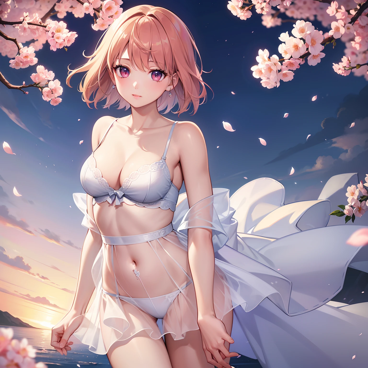 (8K Highest Quality、masterpiece:1.2)、(Impeccable illustration Desinger)、(eye detailed:1.2)、(Delicate face and features)、(Highly detailed background landscape 8k CG wallpaper)、Tone of film and art、Soft and subtle pastel colors、In a beautiful environment、Rose petals flying in the wind of cherry trees、 1 short hair sticks together and has bangs、Cute girl in sheer lace underwear、 With artistic and three-dimensional cinematic lighting。