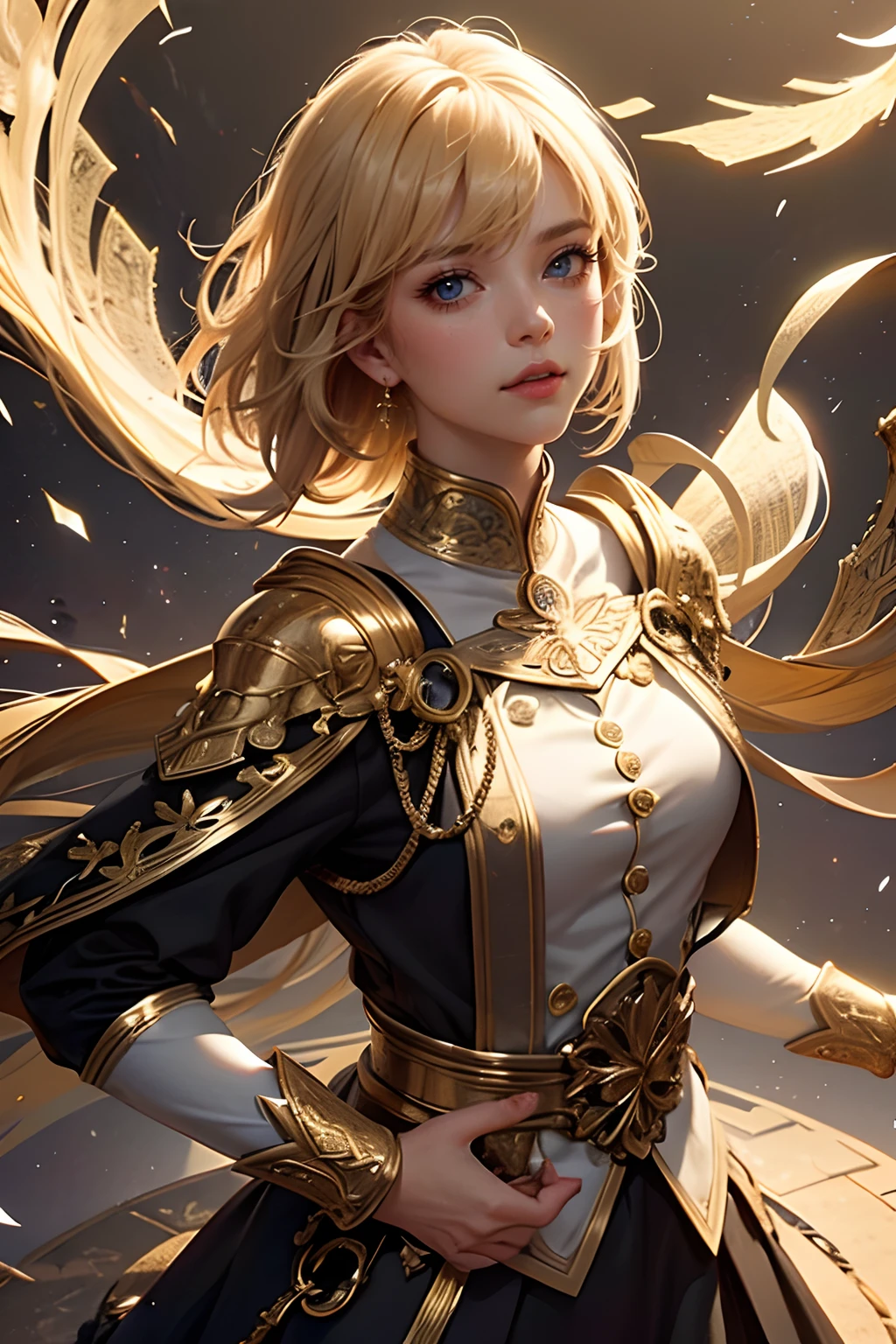 A woman in a gold and black outfit holding a sword - SeaArt AI
