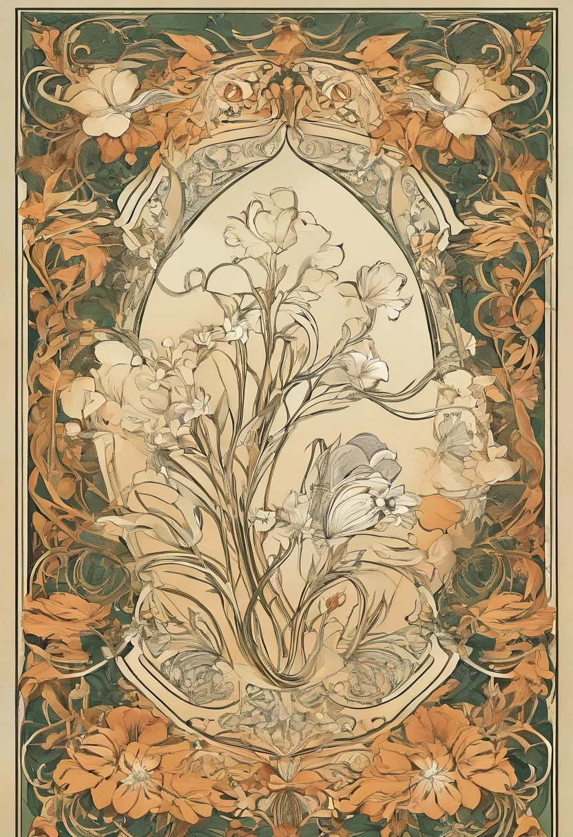 Flower Painting, Floral frame, Decorative panel, Abstract Art of Alphonse Mucha, sketchfab, 色や影のないLine artやシーン. (masterpiece, Better Quality, High resolution: 1.4), be familiar with, Intricate details, 4K, Color Splash, Line art, Fibonacci, 