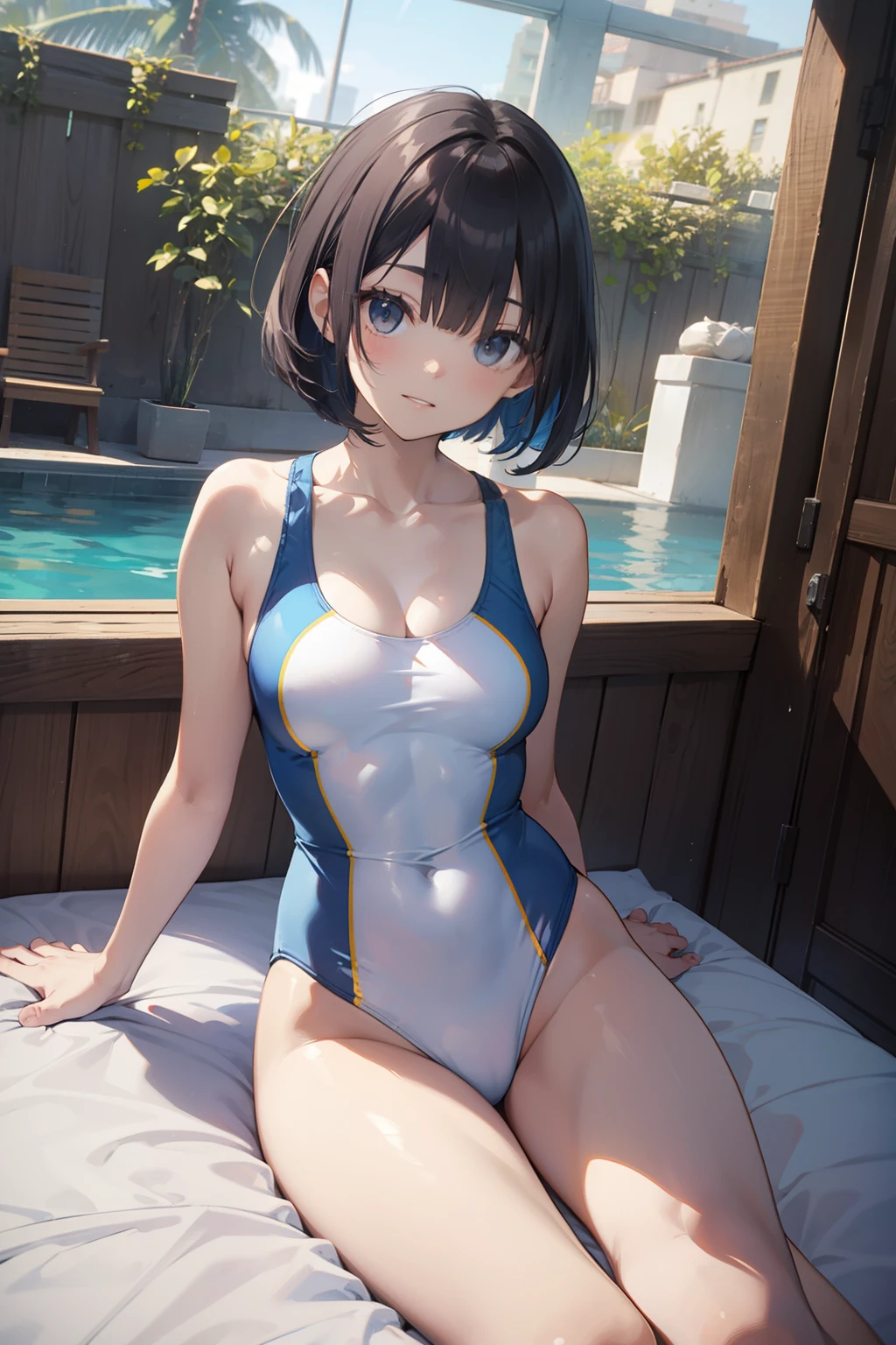 top-quality、Full limbs、complete fingers、Slender beauty、straight haired、bob cuts、hime-cut、Light blue sailorsk swimsuit、Small eyes、a bed、natta、Sitting