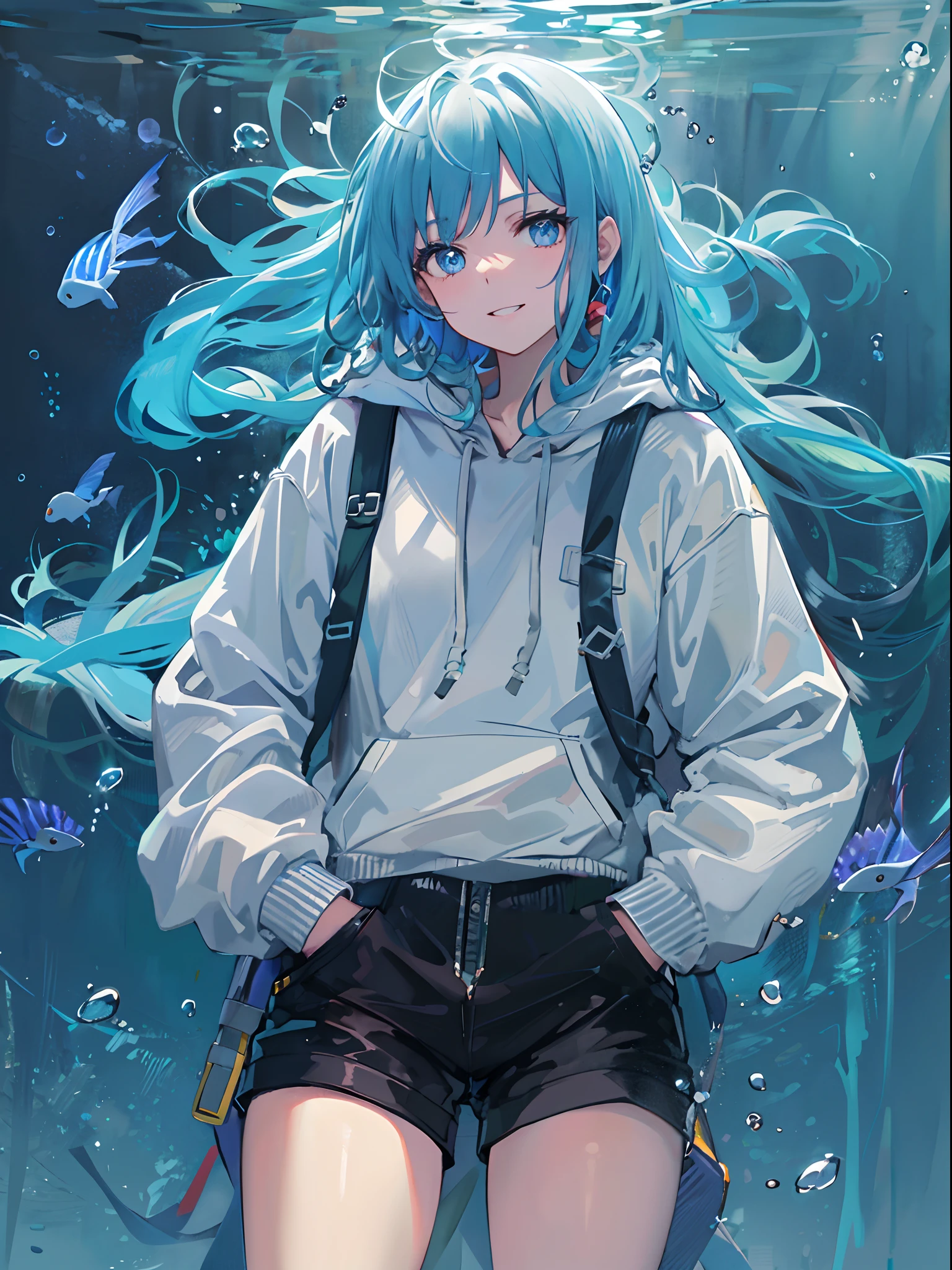 ((top quality)), ((masterpiece)), ((super detail)), (very delicate and beautiful), girl, solo, cold demeanor, ((black jacket)), she looks very (relaxed) and (calm), black hair, depth of field, evil smile, stirrups, underwater, air bubble, light blue eyes, light blue hair and dark blue tips inner color with, cold background, bobbed hair - linear art, shorts, knee high socks, oversized white hoodie, light blue ribbon tie, clothing transparent, hands in pockets