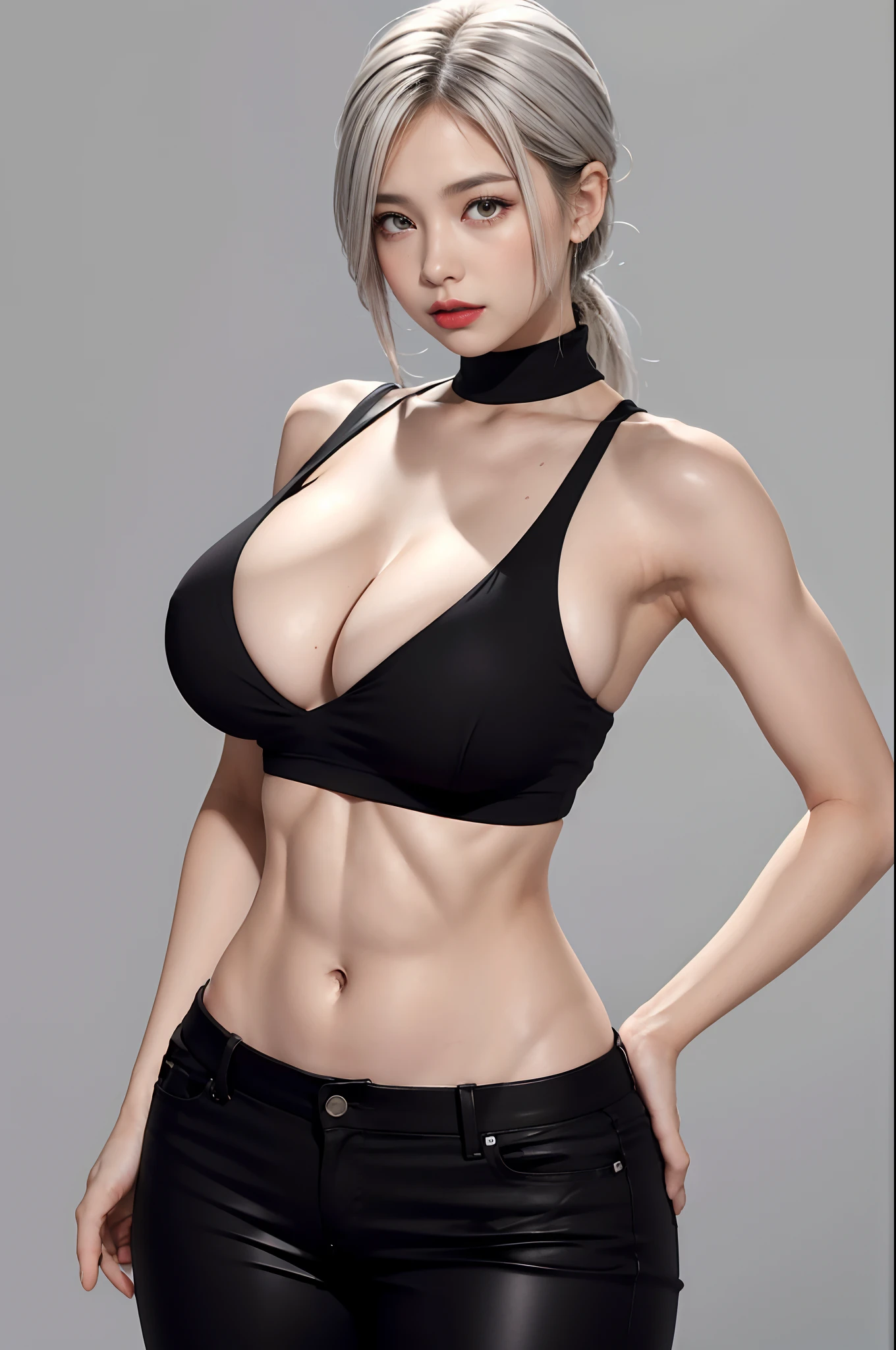 Girls, Bangs, Bare Shoulders, Black Pants, Breasts, Breasts squeezed together, Grey background, Hair between the eyes, Huge breasts, Long hair, View Viewer, Pants, Parted lips, Red eyes, Shirt, Simple background, Sleeveless, Sleeveless shirt, Solo, Turtleneck, V arm, White hair,(Shiny skin),(Masterpiece:1.4),(Best quality:1.4),,Facigirl,Red lips,Perfect abs, belly button, (nipple: 1.5), (sheer areola), nipple, huge, sweat,
