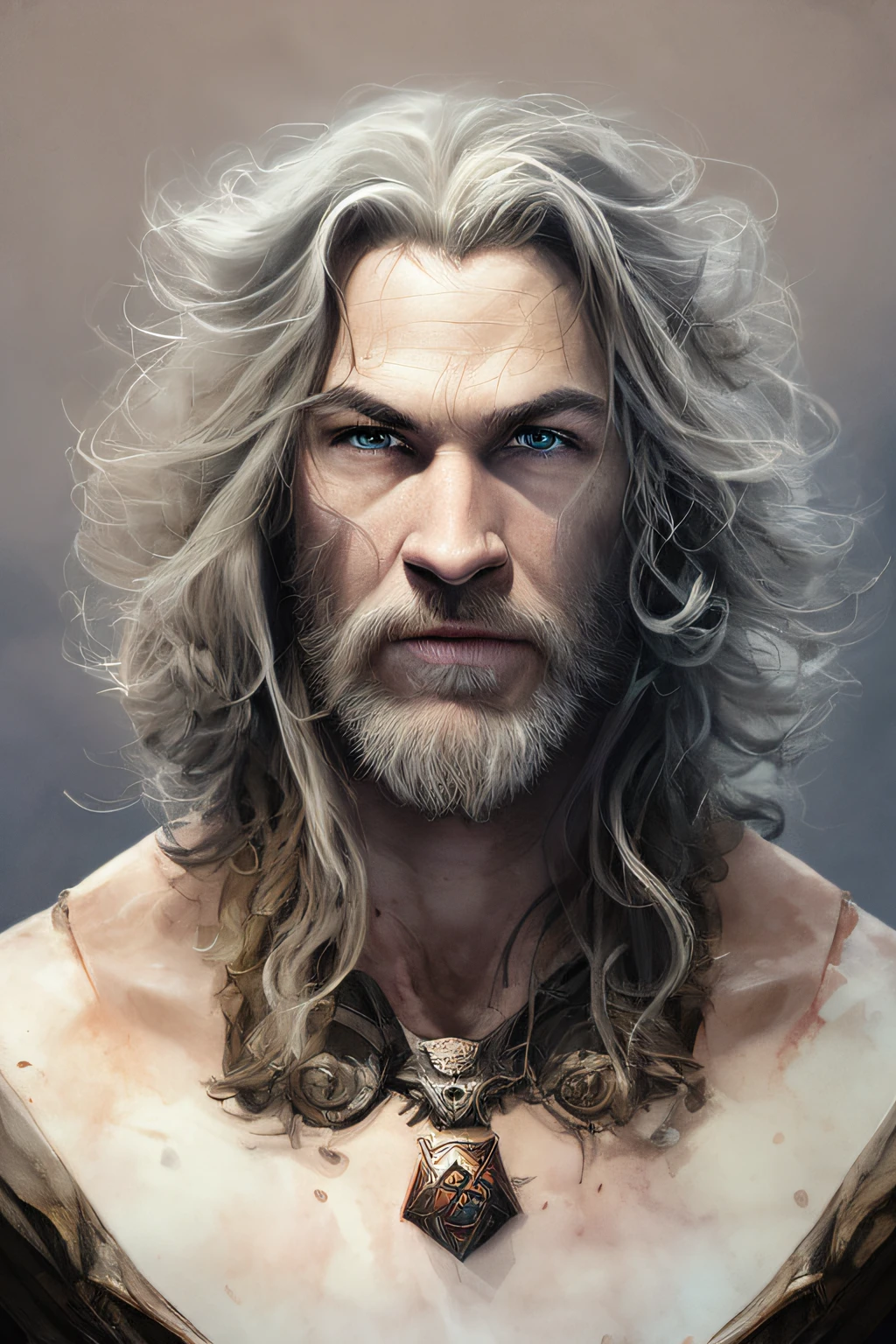 Un primer plano Thor(Chris Hemsworth) con cabello largo y barba, fantasy male portrait, fantasy character portrait, fantasy concept art portrait, Impresionante arte de personajes, epic fantasy art portrait, Arte de retrato de personajes, character art portrait, fantasy art smug smile man, Retrato de arte conceptual del personaje, epic exquisite character art, Barbagrís, epic fantasy character art, Retrato del dios masculino Svarog