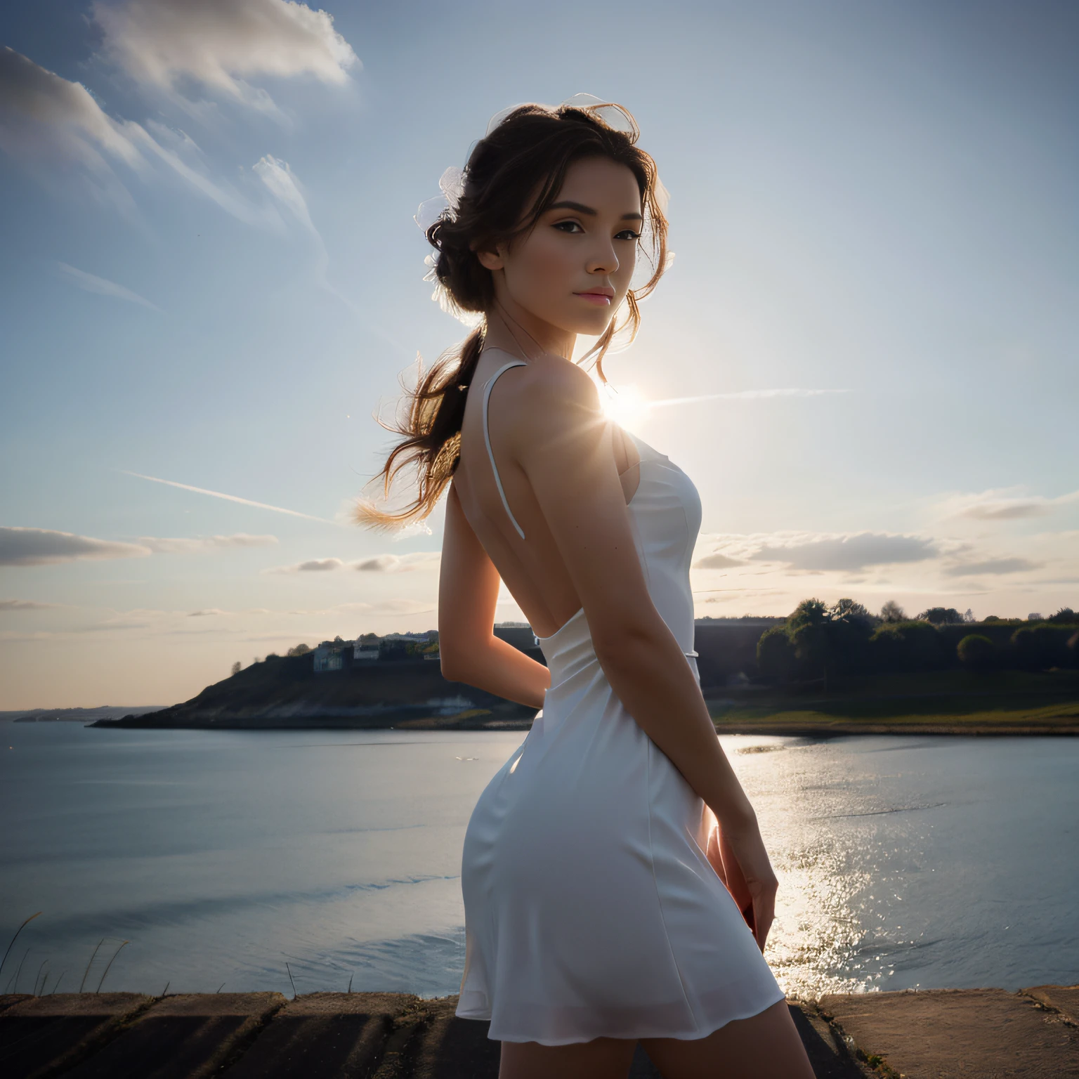 (Absurdres) (Masterpiece) (Best quality) (Ultra-detailed), (simple and elegant) woman in silhouette, perfect body, elegant dress, wind blows, (strong backlight), (subtle details), (calming atmosphere).