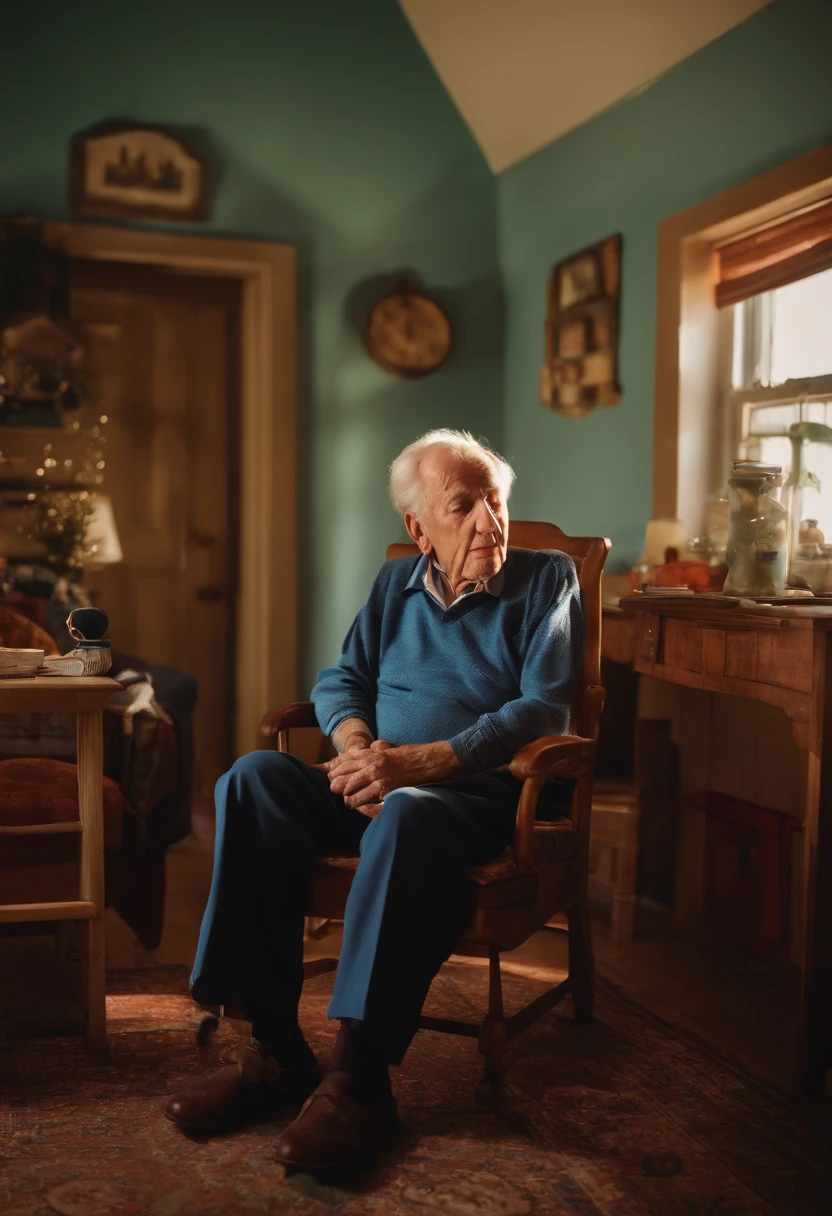 a 90 year old man, sitting on a chair in his grandson's room, looking at the ceiling, eyes closed, mouth open, facial expression of someone who is sneezing