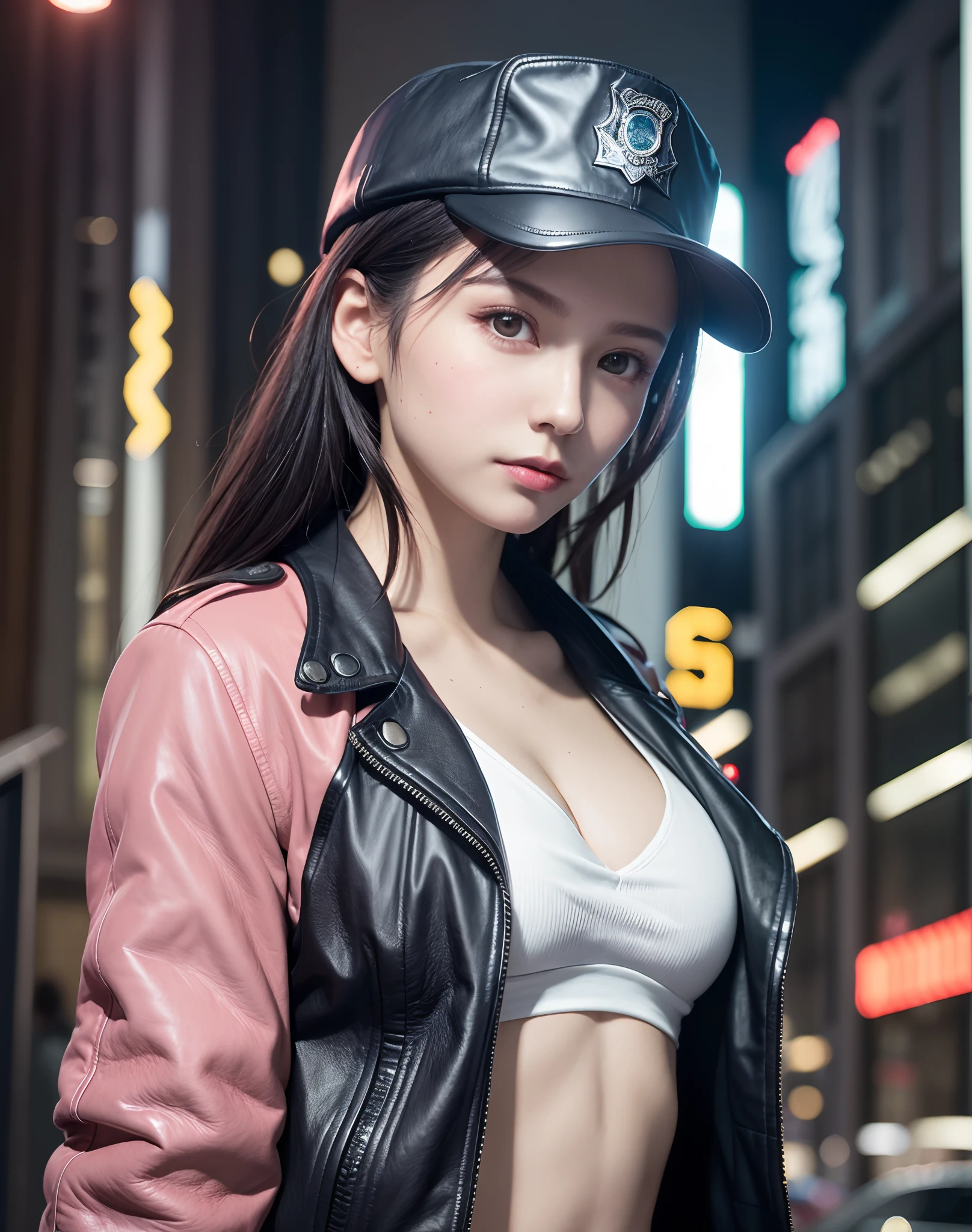 Portrait of Embhuhaiz, Beautiful face, in cyberpunk city at night. Wearing a pink leather open jacket,lingerie, Dramatic Lighting, (police badge:1.2).Sexy female policeman