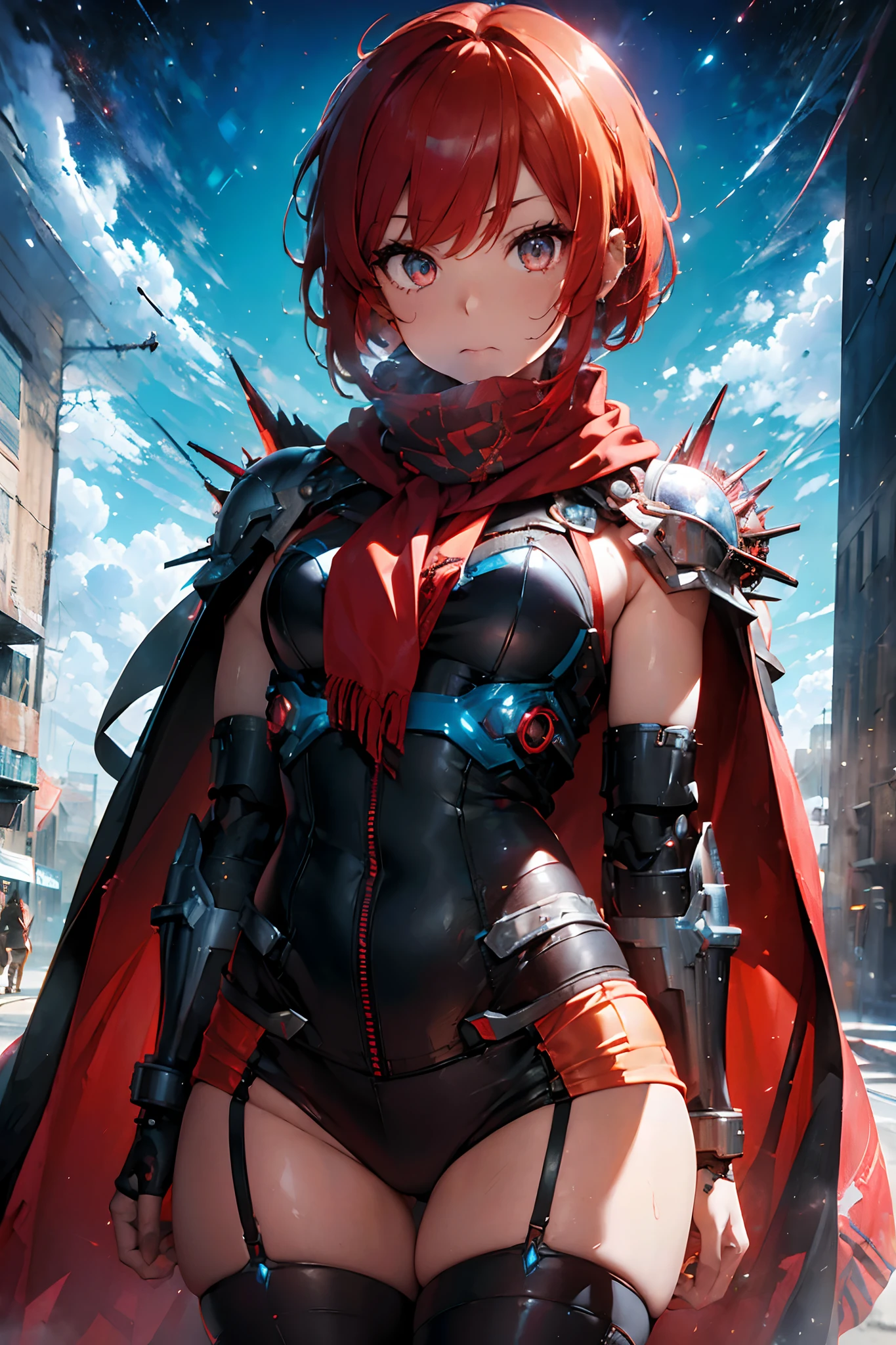 (Masterpiece), Best quality, A masterpiece of surrealism, Superheroine girl (((Mecha sci-fi aesthetic style in extremely detailed technology tight insertion, Flaming punk style))) ((Use a high scarf to your mouth & White cape)), cinmatic lighting: 8K, (((red hair short hair))), Detailed perfect skin, Intricately perfect face, Delicate sharp eyes, Detailed eyes and pupils, (((From the face to the waist))), (((Beautiful slim shape))), 4K, hyper HD