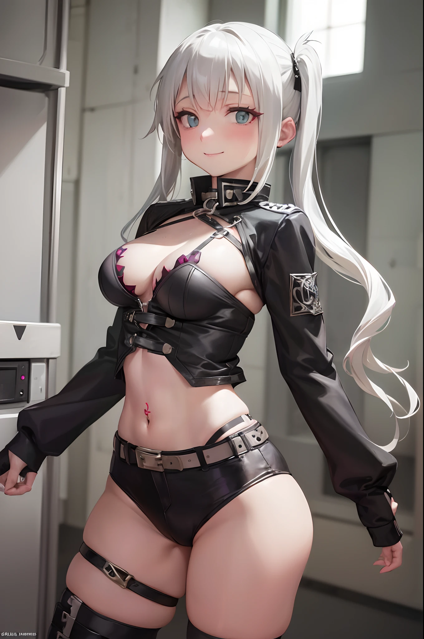 (Maka from soul eater), busty woman, blonde, twintails, evil smile, crazy face, tattoos on body (skimpy punk outfit), night city, belly piercing, collar, (slutty), (naughty whore).