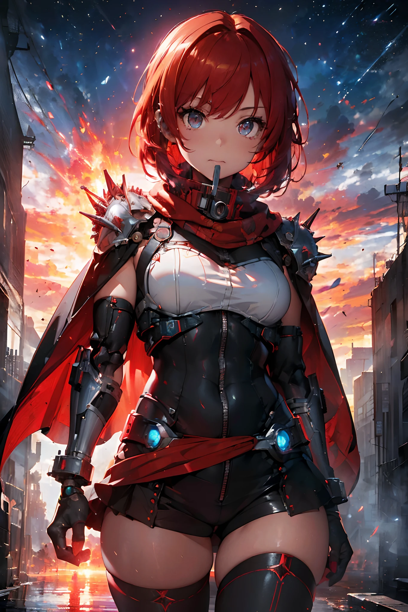 (Masterpiece), Best quality, A masterpiece of surrealism, Superheroine girl (((Mecha sci-fi aesthetic style in extremely detailed technology tight insertion, Flaming punk style))) ((Use a high scarf to your mouth & White cape)), cinmatic lighting: 8K, (((red hair short hair))), Detailed perfect skin, Intricately perfect face, Delicate sharp eyes, Detailed eyes and pupils, (((From the face to the waist))), (((Beautiful slim shape))), 4K, hyper HD