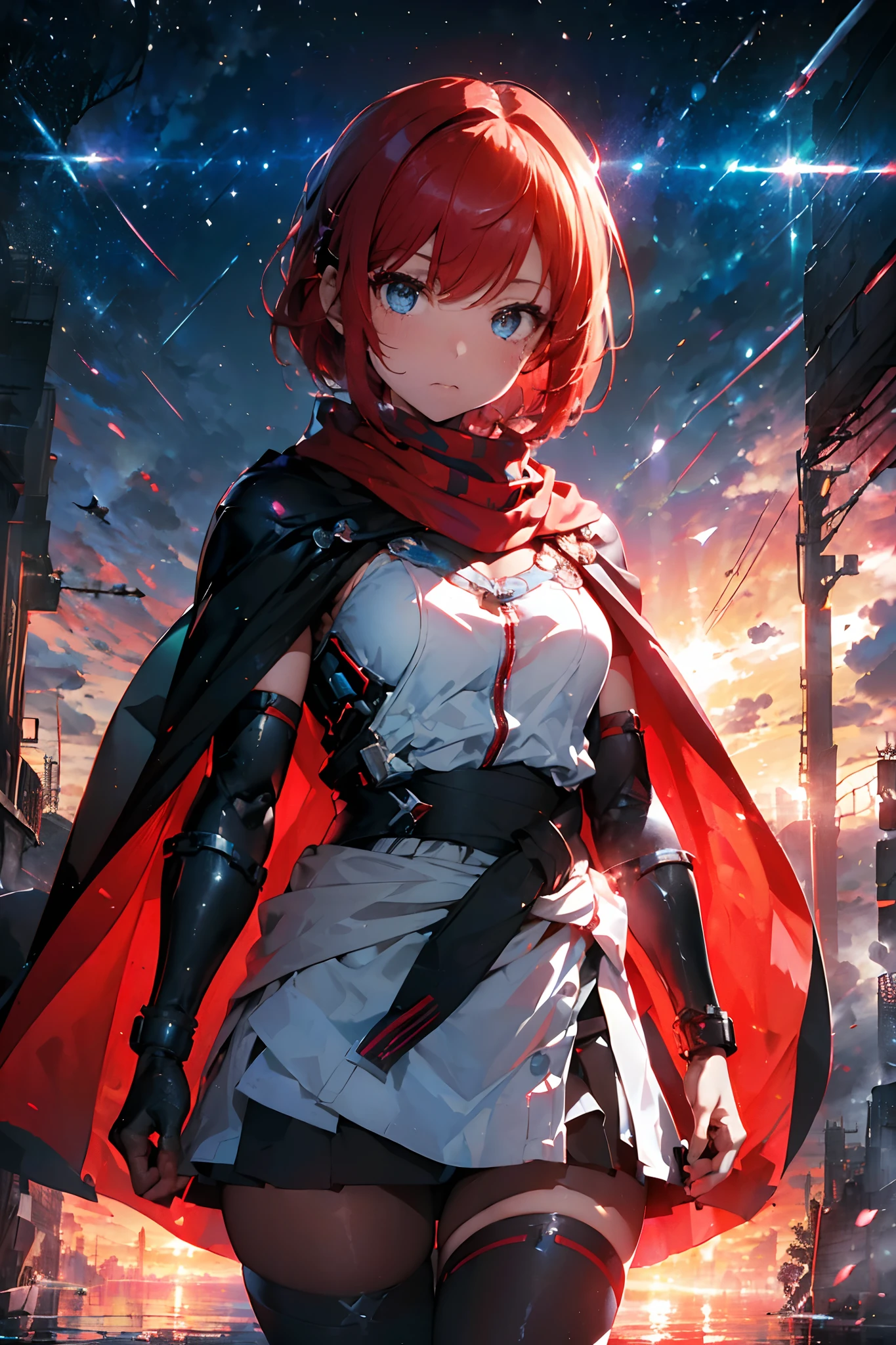 (Masterpiece), Best quality, A masterpiece of surrealism, Superheroine girl (((The mecha sci-fi aesthetic style is tightly inserted in extremely detailed technology, Flamepunk style))) ((Stick a high scarf to your mouth & White cape)), cinmatic lighting: 8K, (((red hair short hair))), Detailed perfect skin, Intricately perfect face, Delicate and sharp eyes, Detailed eyes and pupils, (((From the face to the waist))), (((Beautiful slim shape))), 4K, hyper HD