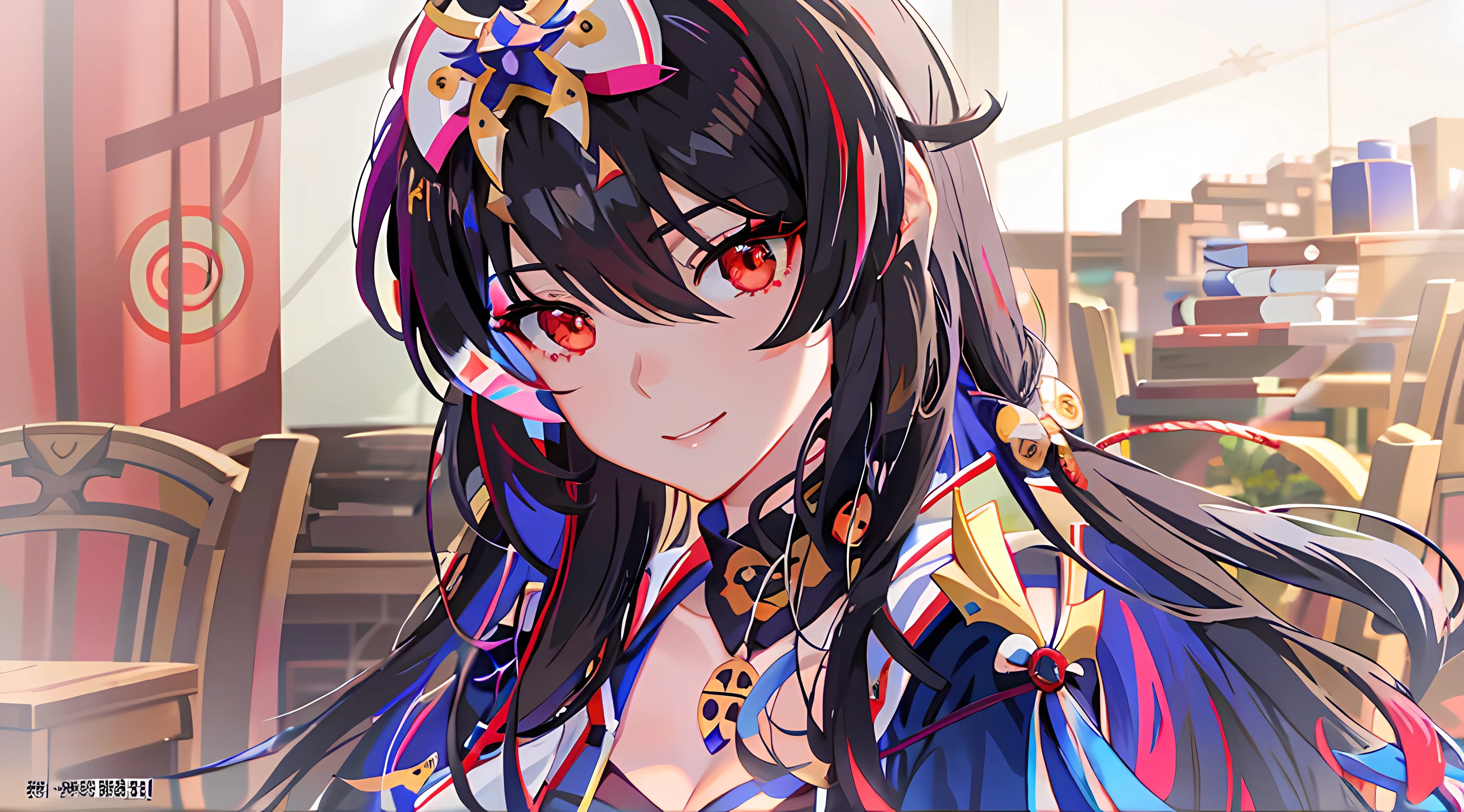 Anime girl with long black hair and red eyes in the room, ayaka genshin impact, anime moe artstyle, black - haired mage, marin kitagawa fanart, Onmyoji Portrait, Rogic smiled., Hestia, keqing from genshin impact, zerochan art, Interesting Matai Ryuko, from the azur lane videogame