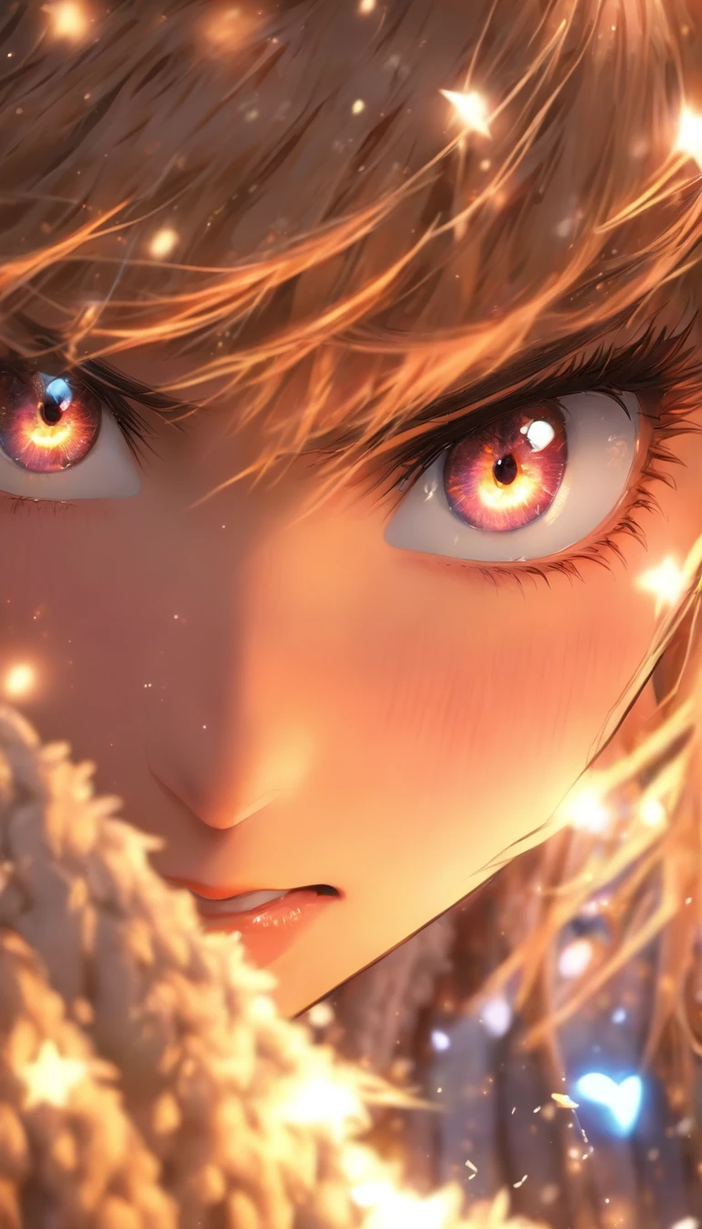 Starry eyes, it looks even more beautiful than immortal, ahoge, Hair, Star-shaped pupils, Amber eyes, Colored Contact Lenses, Blush, High detail, anime big breast, romanticism lain, modern, Gothic art, Anime style, cinmatic lighting, Ray tracing, Sport rye, Close-up, Sony FE GM, hyper HD, High detail, Top quality, 8K, Big breasts, Light brown hair, Hat, double tails, Clean fingers, Well-Formed Fingers, Long jacket, ribbon, Mystery, knit hat, Snow, Anger, impatience