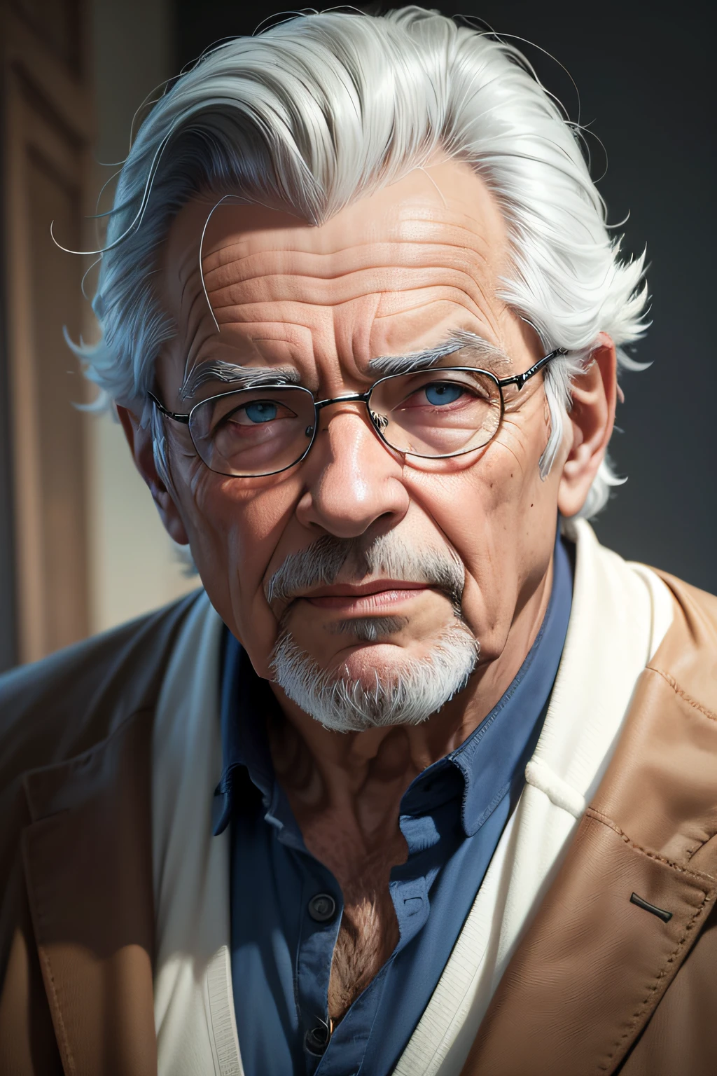 Tiago Jean, Figura masculina, velho de 80 anos, colorido e vibrante, mystical colors, contemporary impressionism, pintura retrato, 3/4 Vista em perspectiva, low-up angle, sweeping circling composition, grandes olhos de cristal bonitos, big irises, UHD, HDR, 8k, (master part:1. 5), (O retrato mais bonito do mundo:1.5)