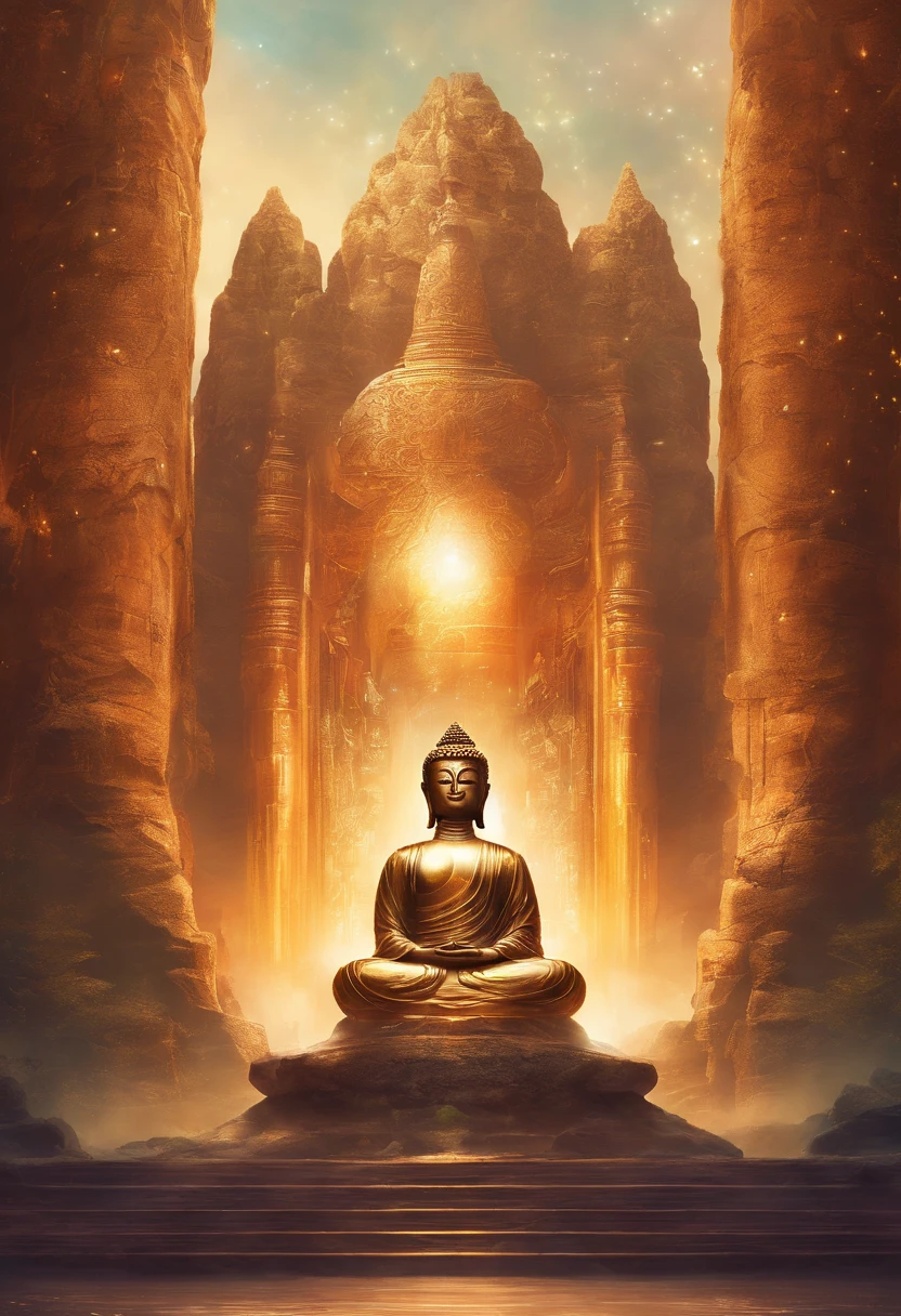 BUDDHA STATUE, stone, Texture, Tall, Majestic, The background is illuminated by sunlight,inverted image