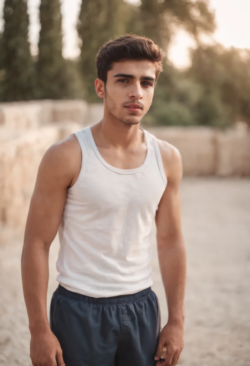  Arab guy, thin, hairy armpits, white tank top, boxers, huge bulge, full body