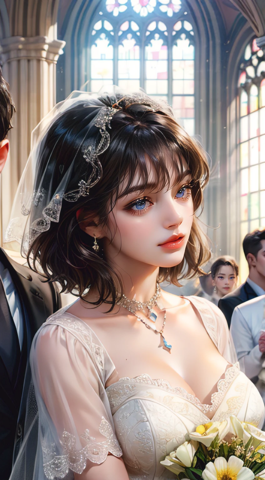 romantic couple look at each other, loving in their wedding, wedding day, black-haired mature man,Girl with black short hair with fringe (soft smile, shy) (the girl is short),different height ((the man is taller)), morning light, Glow effects, the morning,in the church,The face is clear and accurate,detail in face,super-fine,castle, a lot of flowers in the background,16K resolution,high quality, High picture detail,dynamic viewing angle,Epic shooting,oc rendered, detailed light, detailed shadow