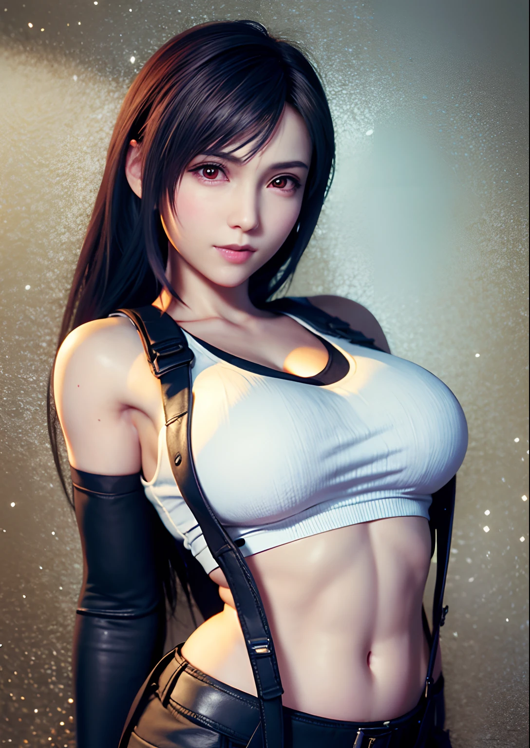 (, blush, 20yo, narrow eyes) (Photorealistic: 1.4), Solo, Top Quality, Very Delicate and Beautiful, High Definition, 1girl, tifa_lockhart, Smile, Cowboy Shot, Suspenders, Low Rise, Mini Skirt, Tank Top, Tense Shirt, Black Hair, Long Hair, Elbow Gloves, Beautiful Detailed Red Eyes, Face Light, Movie Lighting, Navel, ( gigantic breasts: 1.0), old bars, background blurred, fluttering hair, adult beautiful woman