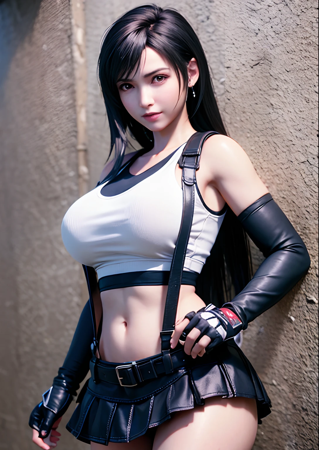 (, blush, 20yo, narrow eyes) (Photorealistic: 1.4), Solo, Top Quality, Very Delicate and Beautiful, High Definition, 1girl, tifa_lockhart, Smile, Cowboy Shot, Suspenders, Low Rise, Mini Skirt, Tank Top, Tense Shirt, Black Hair, Long Hair, Elbow Gloves, Beautiful Detailed Red Eyes, Face Light, Movie Lighting, Navel, ( gigantic breasts: 1.0), old bars, background blurred, fluttering hair, adult beautiful woman