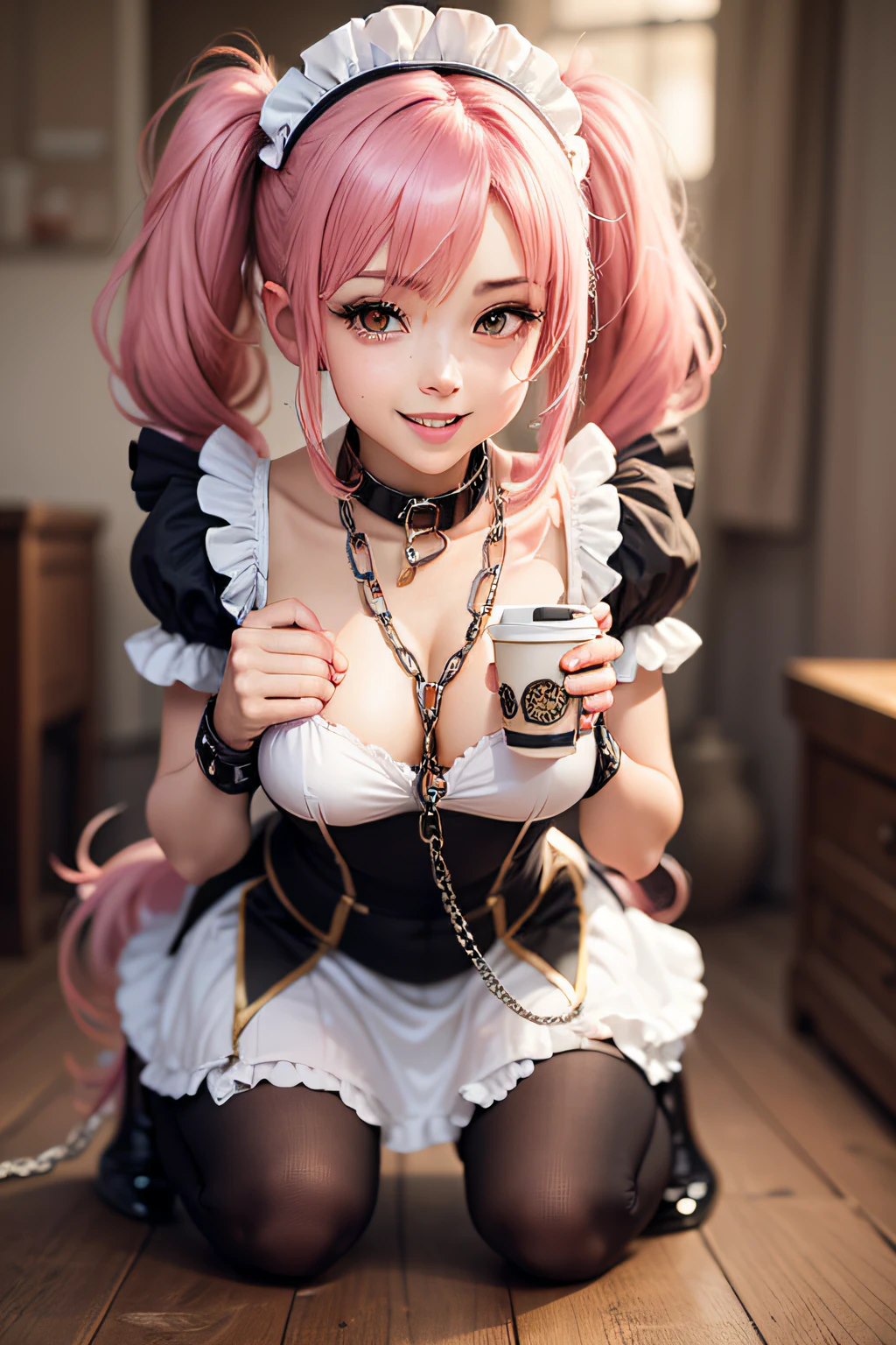 master part, expression of superiority, anime, saia longa, holding a cup of coffee above his chest, roupa branca, camera focada no rosto, sorriso leve1girl, collar, chain leash, pink hair, all fours, twintails, maid,, masterpiece, best quality, highly detailed